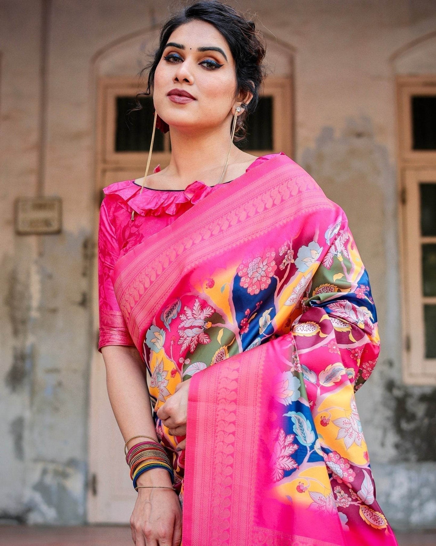 Hot Pink Multicolor Floral Digital Printed Banarasi Silk Saree with Zari Woven Border and Solid Pink Pallu - Includes Tassels - SEEANS