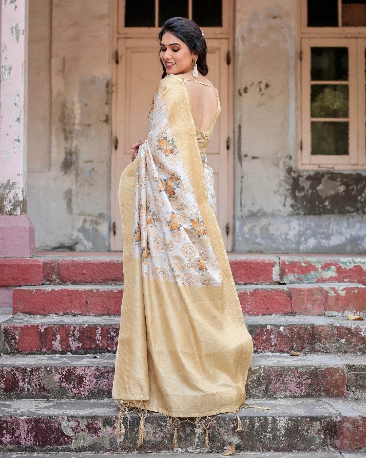 Ivory and Gold Banarasi Silk Saree with Floral Print, Zari Border, and Tassels - SEEANS