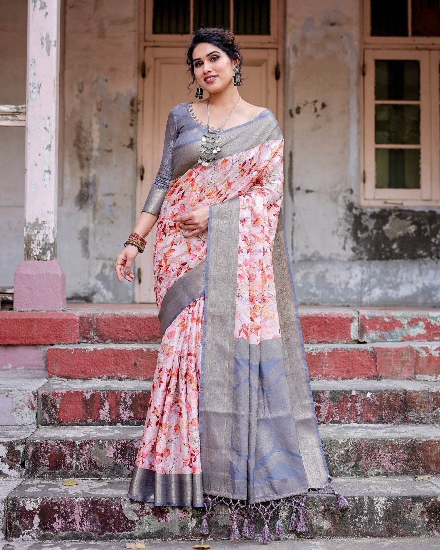Graceful Grey Banarasi Silk Saree with Floral Elegance and Zari Accents - SEEANS