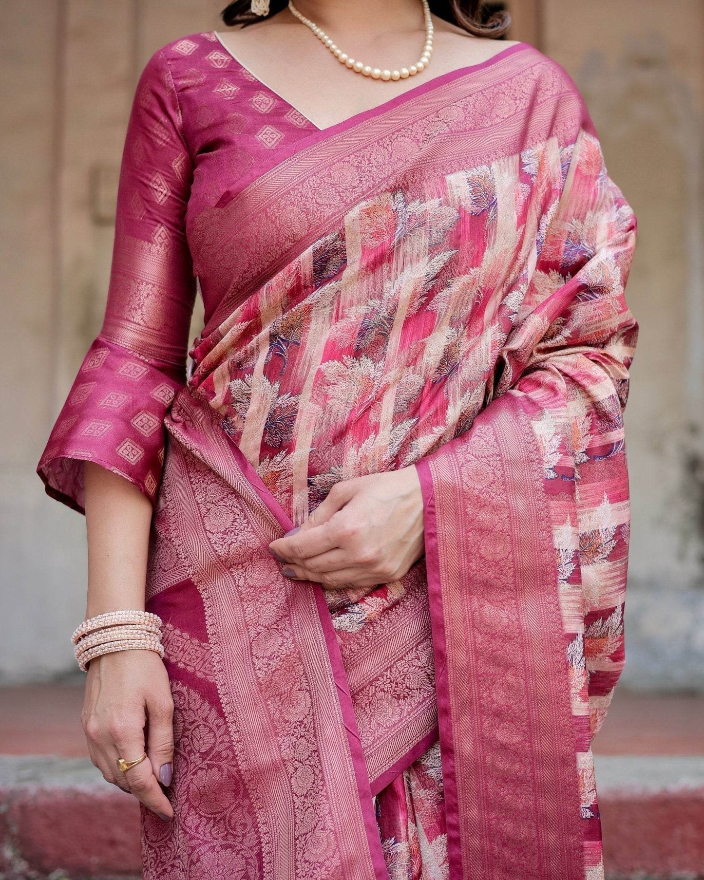 Pink and Maroon Abstract Digital Print Banarasi Silk Saree with Zari Weave and Tassel-Embellished Pallu - SEEANS