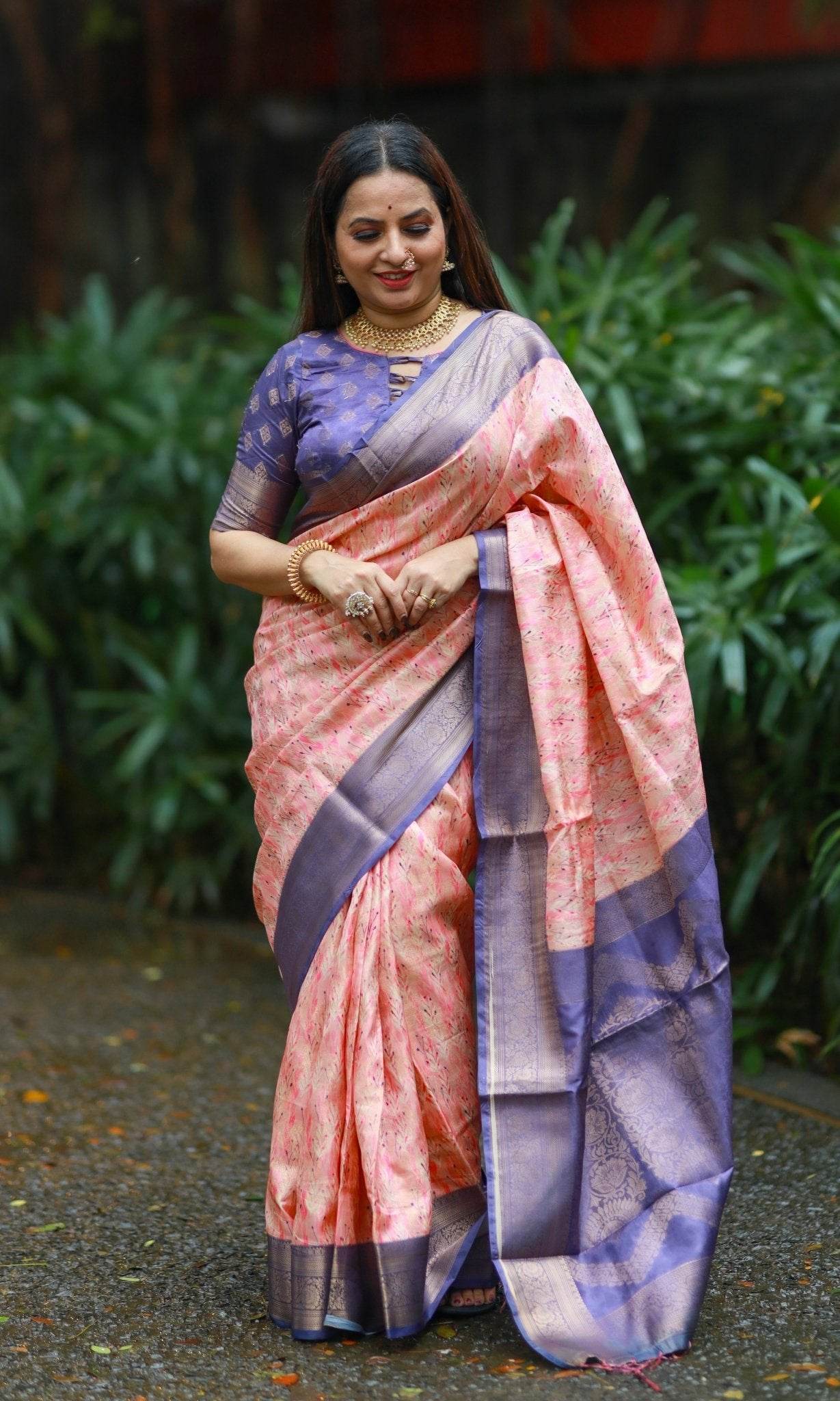 Soft Peach Banarasi Silk Saree with Lavender Zari Border & Delicate Floral Design - SEEANS