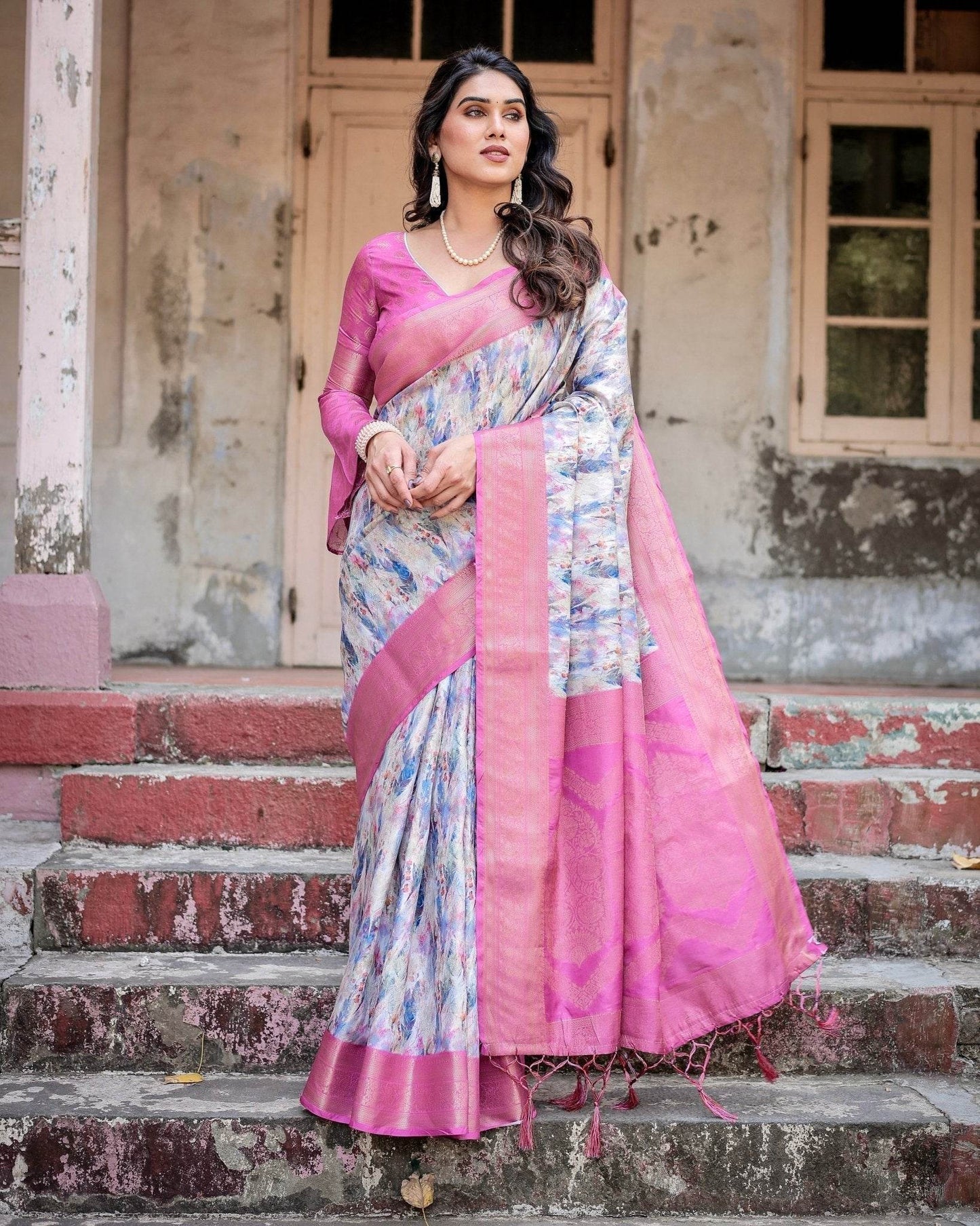 White and Pink Floral Digital Print Banarasi Silk Saree with Zari Weave and Tassel-Embellished Pallu - SEEANS