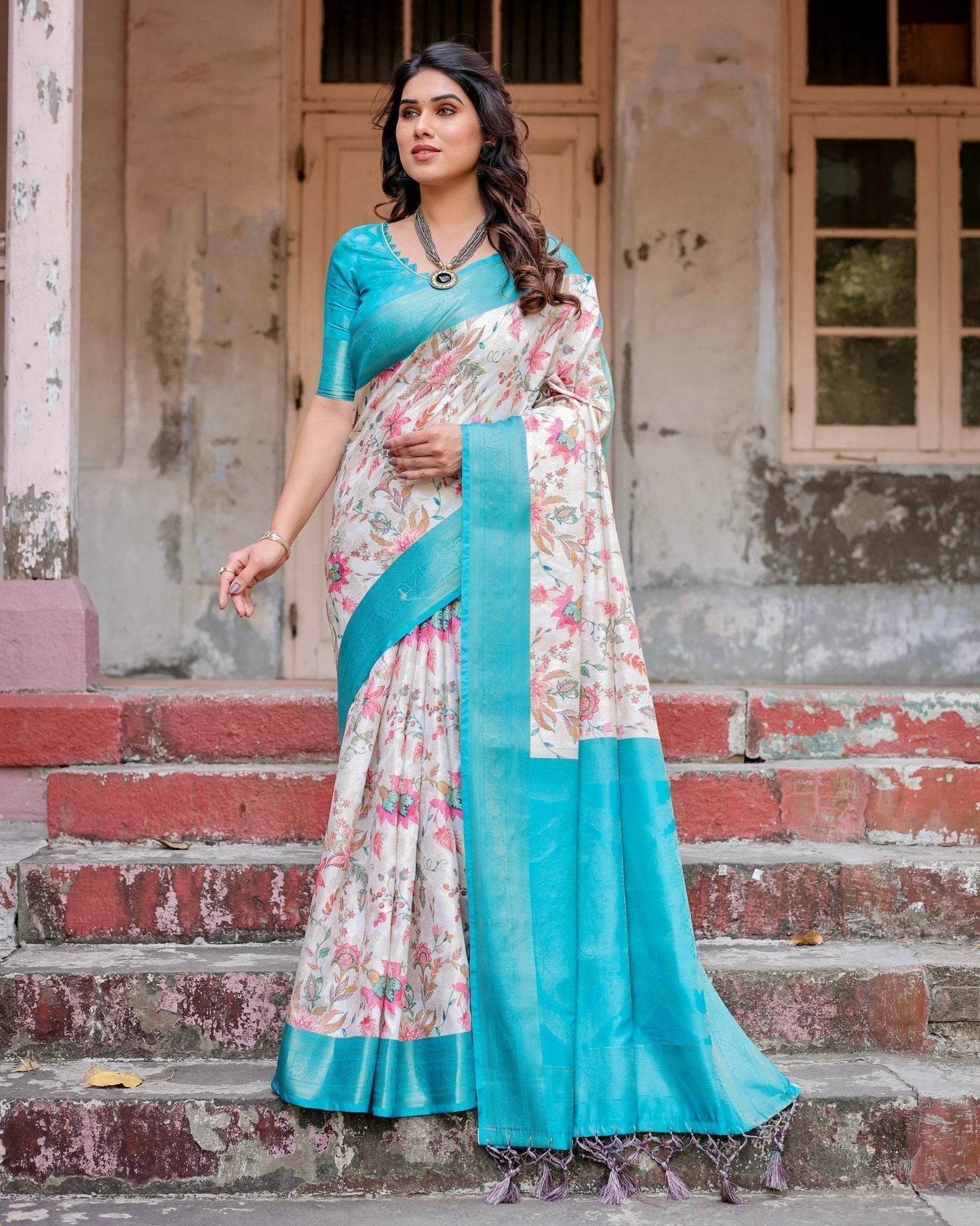 White and Aqua Floral Design Banarasi Silk Saree with Zari Weave and Tassel-Embellished Pallu - SEEANS
