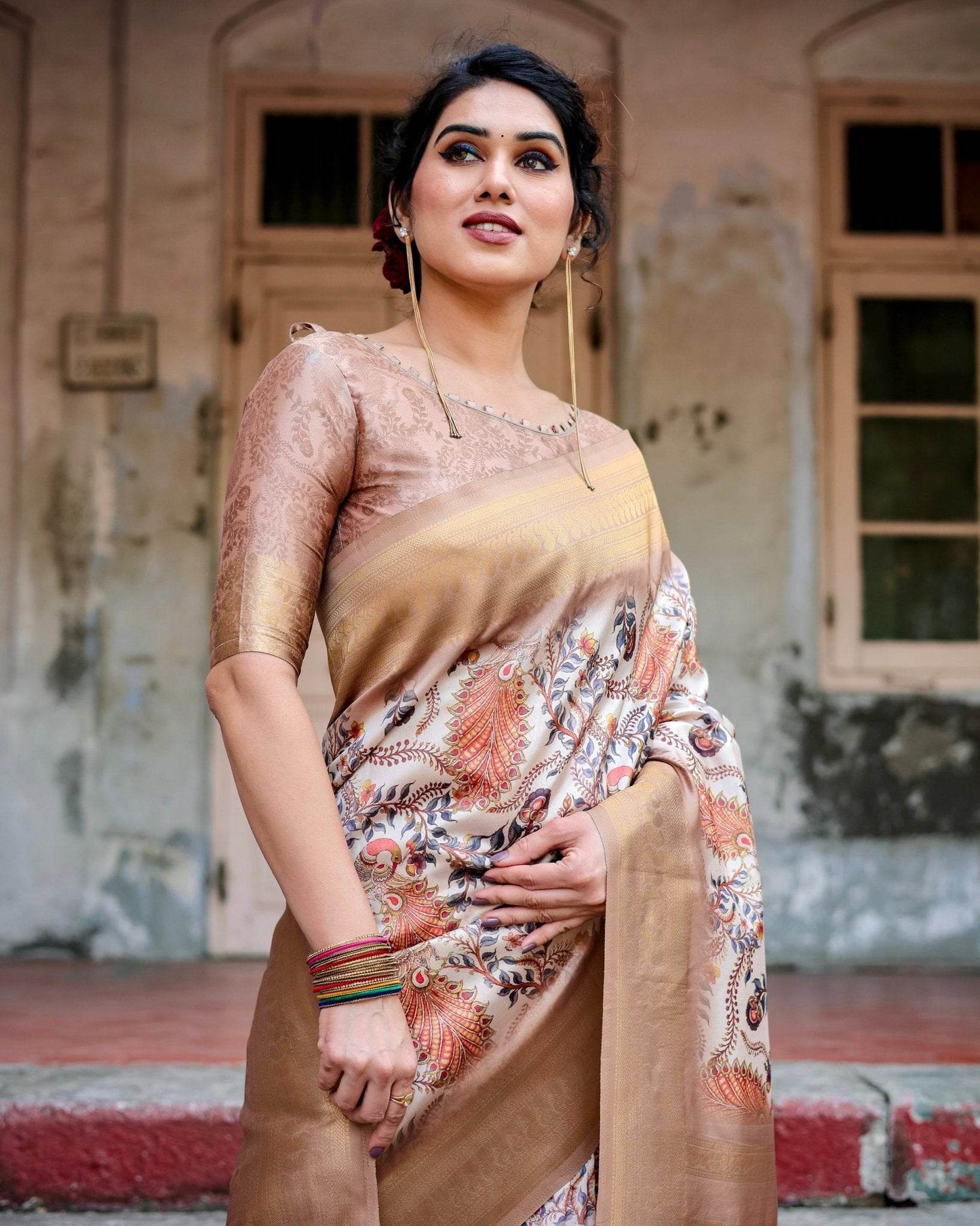 Elegant Beige Floral Banarasi Silk Saree with Zari Weave and Tassels - SEEANS