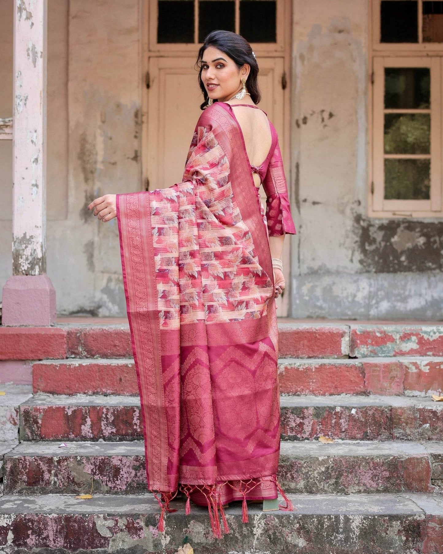 Pink and Maroon Abstract Digital Print Banarasi Silk Saree with Zari Weave and Tassel-Embellished Pallu - SEEANS