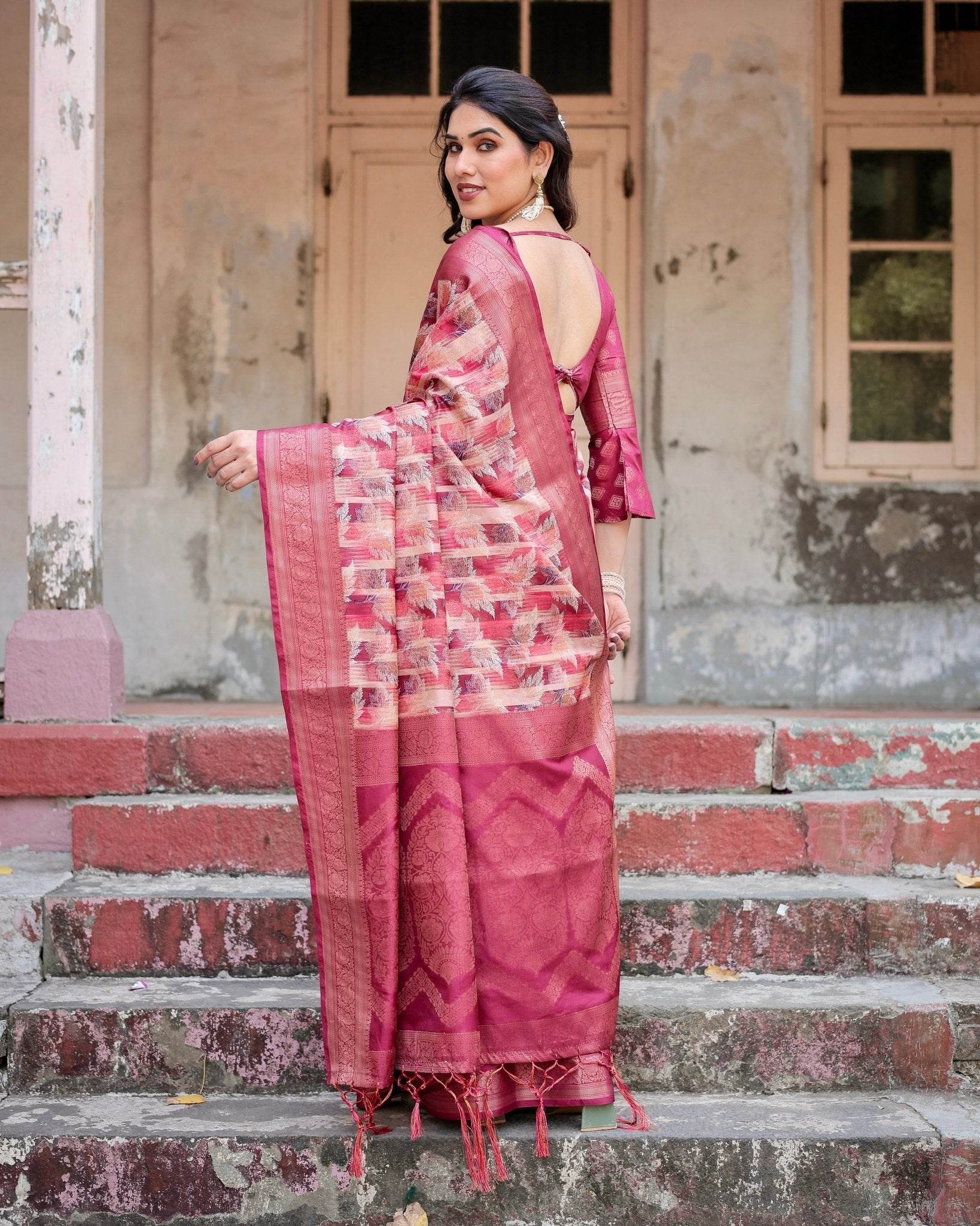 Pink and Maroon Abstract Digital Print Banarasi Silk Saree with Zari Weave and Tassel-Embellished Pallu - SEEANS