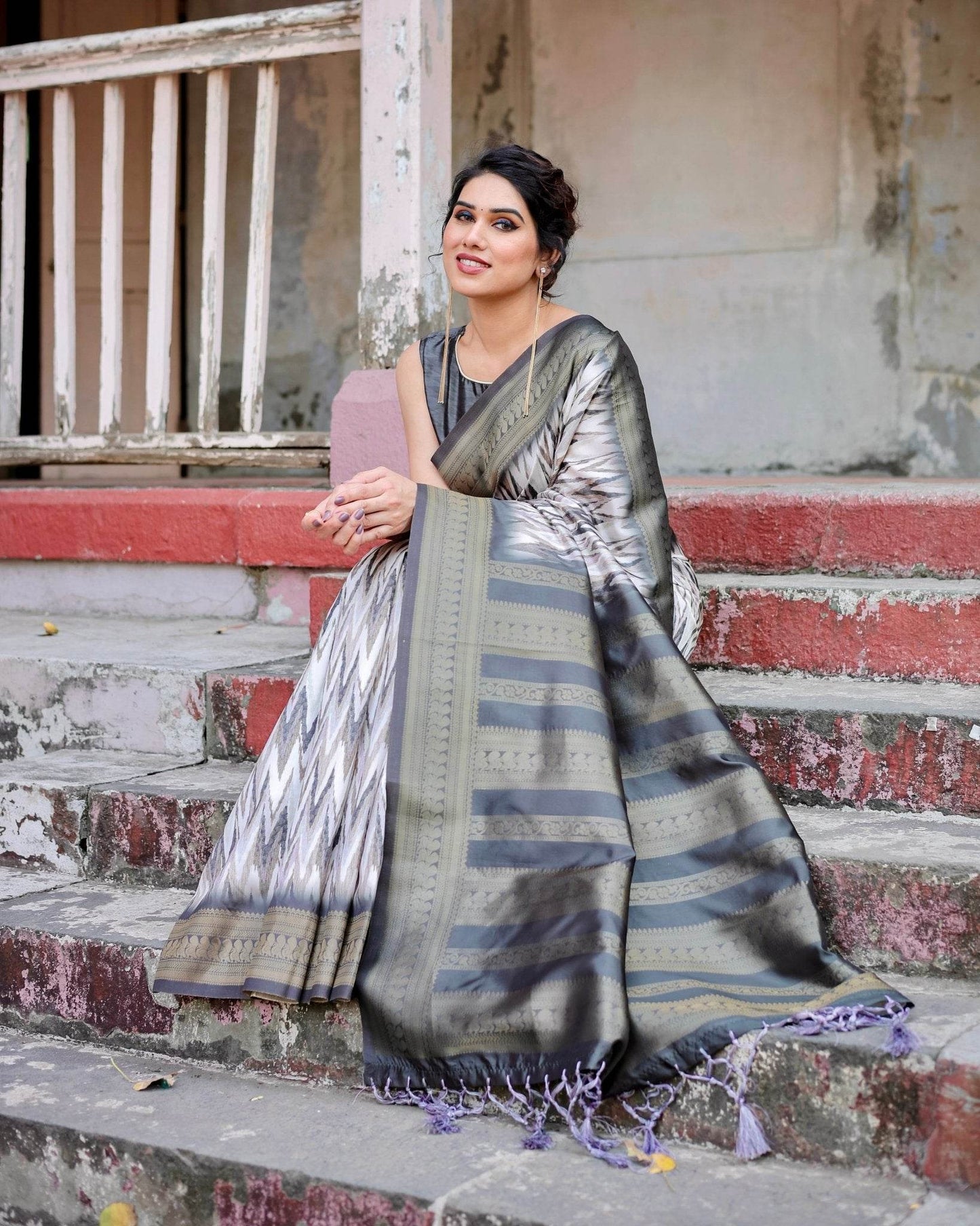 Elegant Banarasi Silk Saree with Zari Weaving and Tassels in Shades of Grey and Black - SEEANS