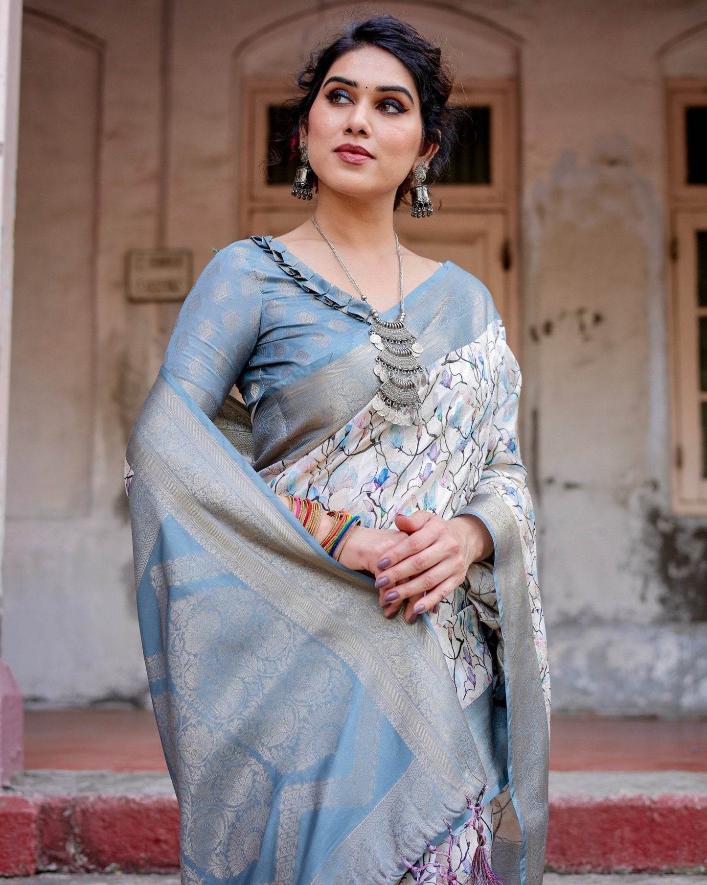 Elegant Light Blue Banarasi Silk Saree with Floral Design and Zari Weaved Pallu - SEEANS