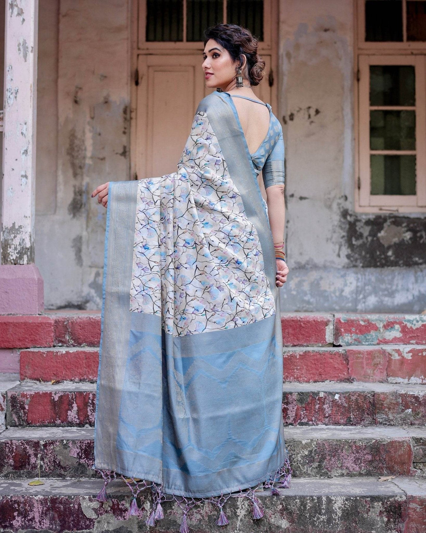 Elegant Light Blue Banarasi Silk Saree with Floral Design and Zari Weaved Pallu - SEEANS