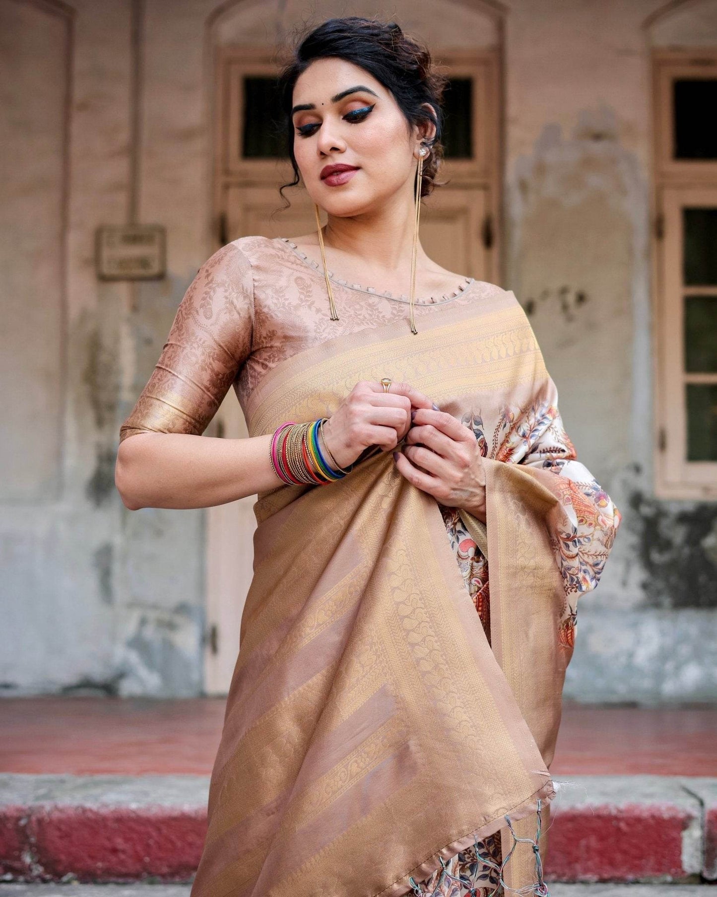 Elegant Beige Floral Banarasi Silk Saree with Zari Weave and Tassels - SEEANS