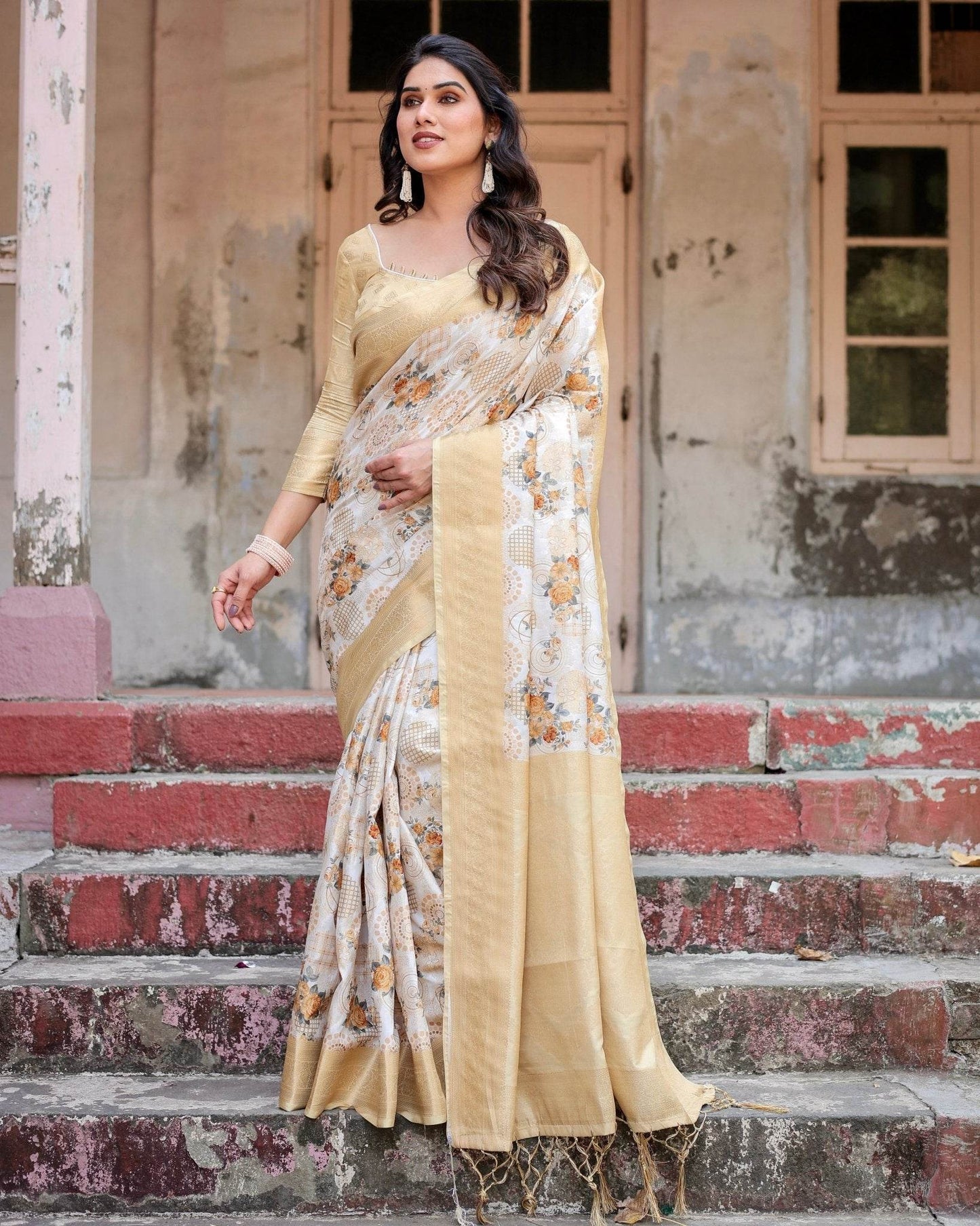 Ivory and Gold Banarasi Silk Saree with Floral Print, Zari Border, and Tassels - SEEANS