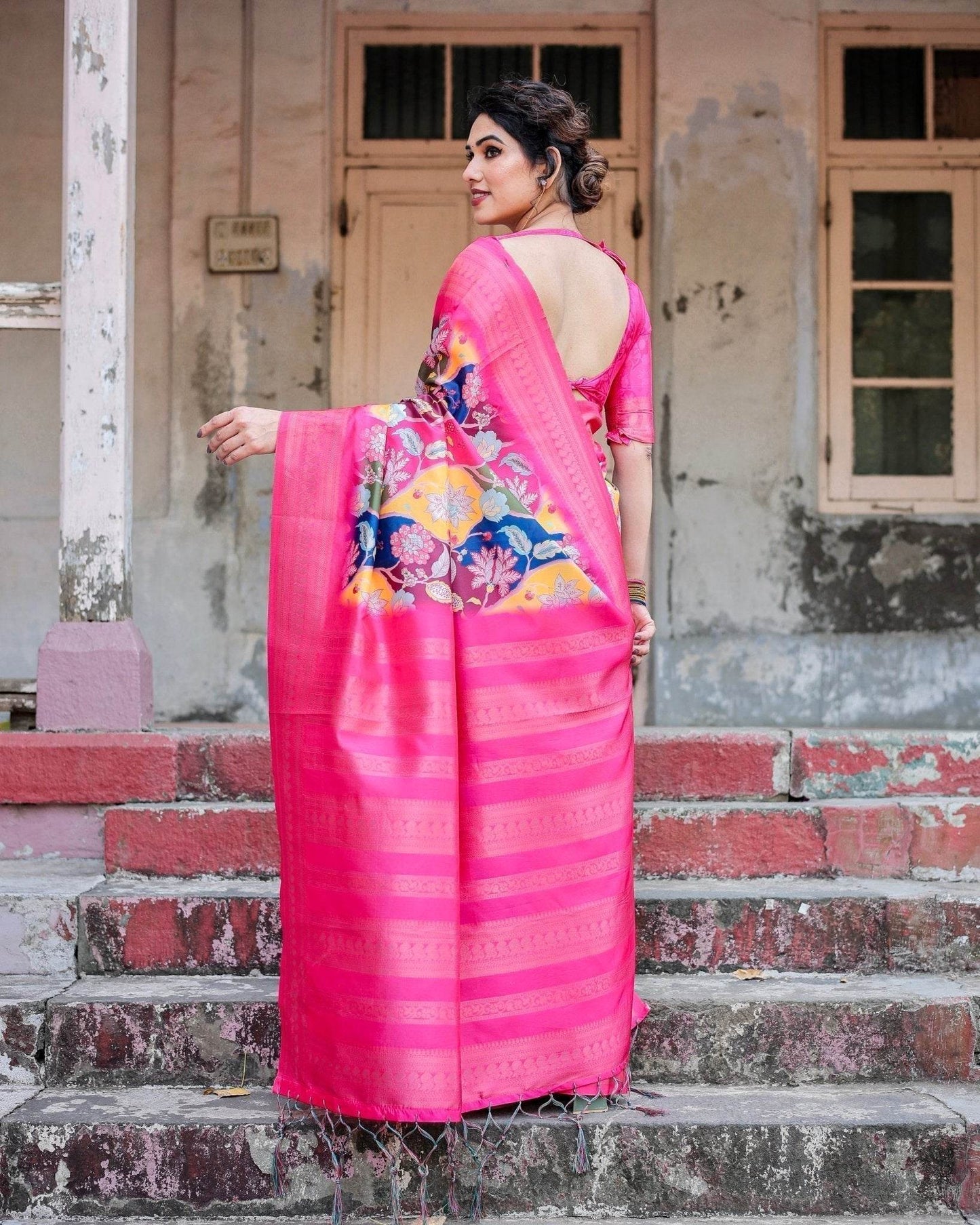 Hot Pink Multicolor Floral Digital Printed Banarasi Silk Saree with Zari Woven Border and Solid Pink Pallu - Includes Tassels - SEEANS