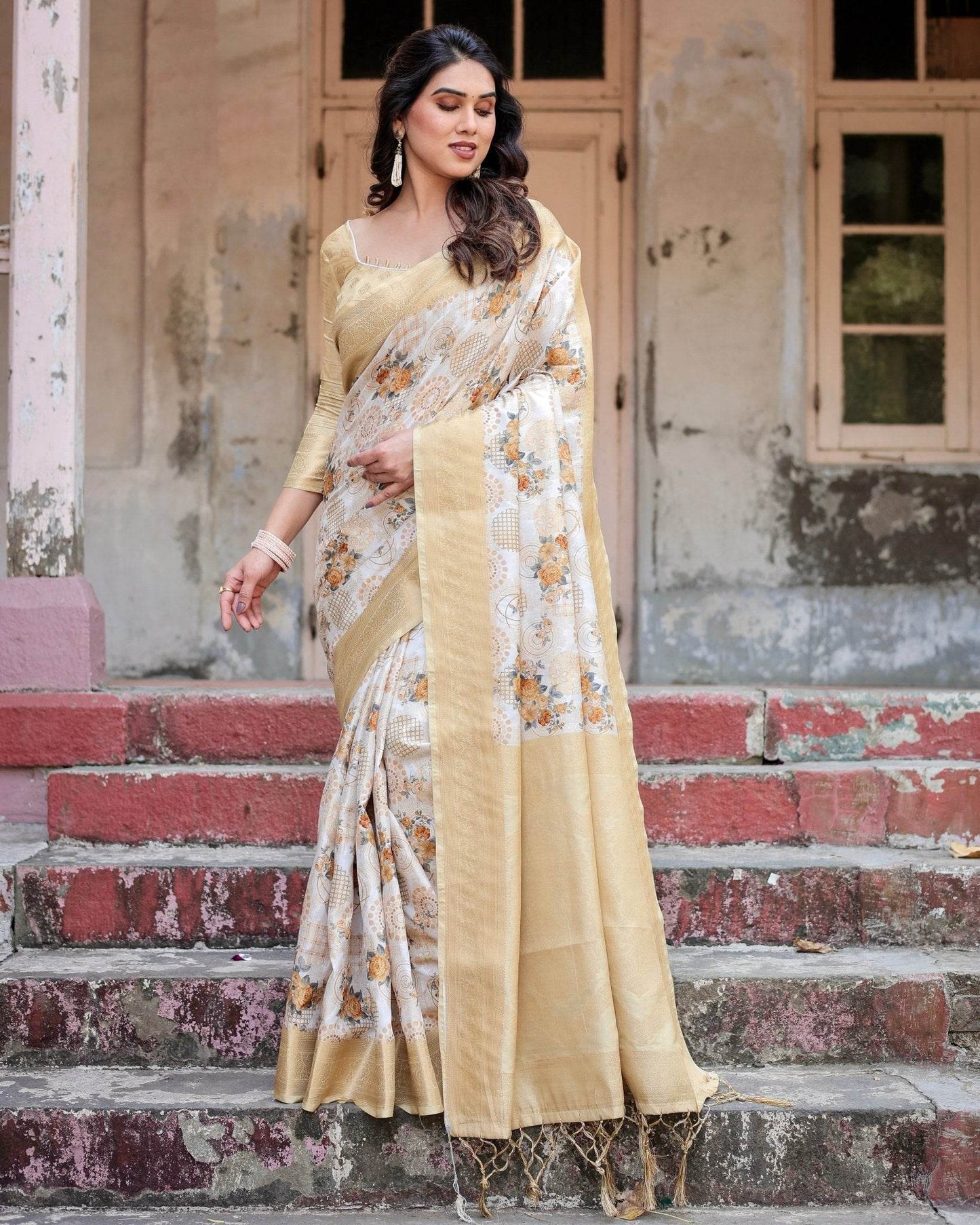 Ivory and Gold Banarasi Silk Saree with Floral Print, Zari Border, and Tassels - SEEANS