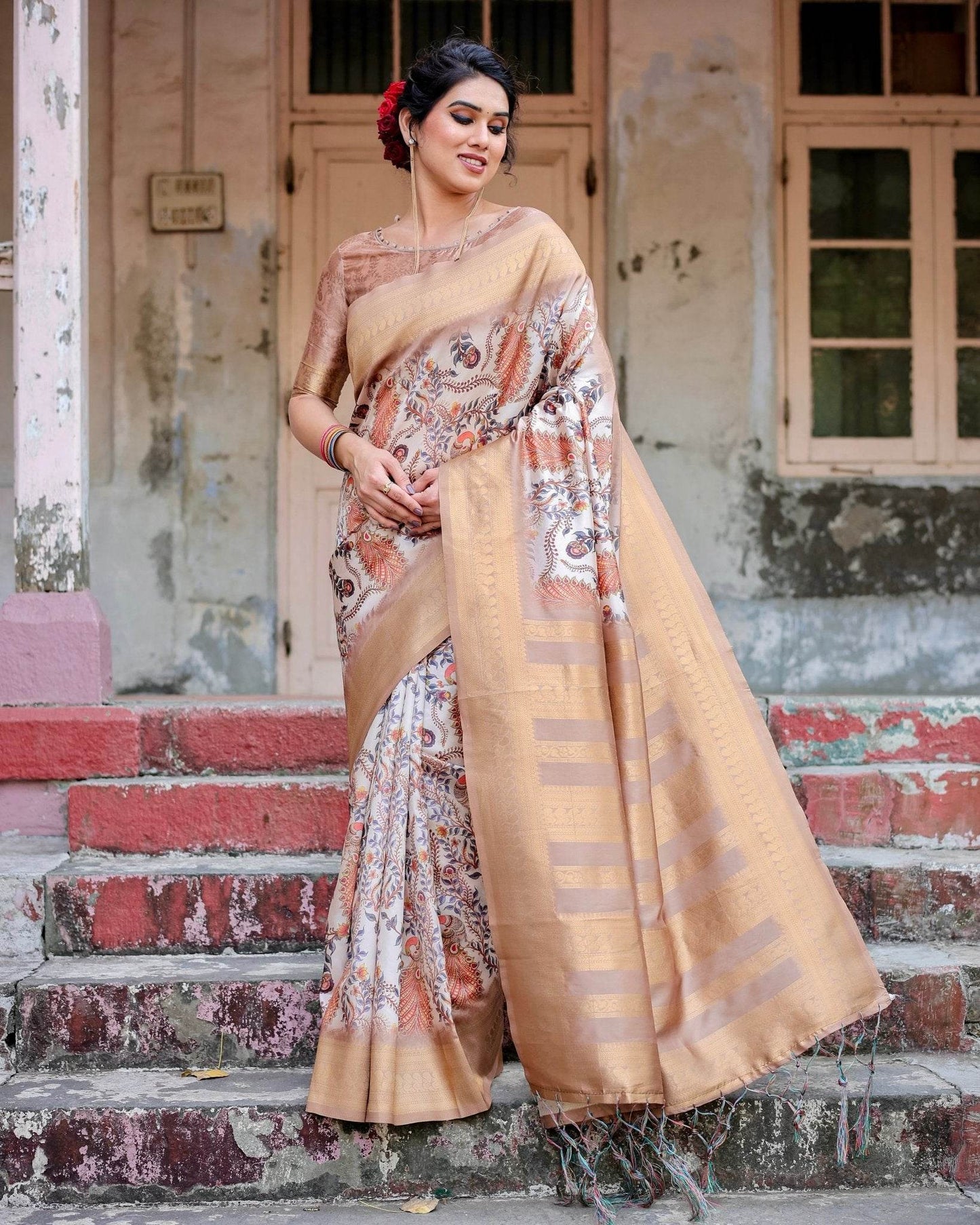 Elegant Beige Floral Banarasi Silk Saree with Zari Weave and Tassels - SEEANS