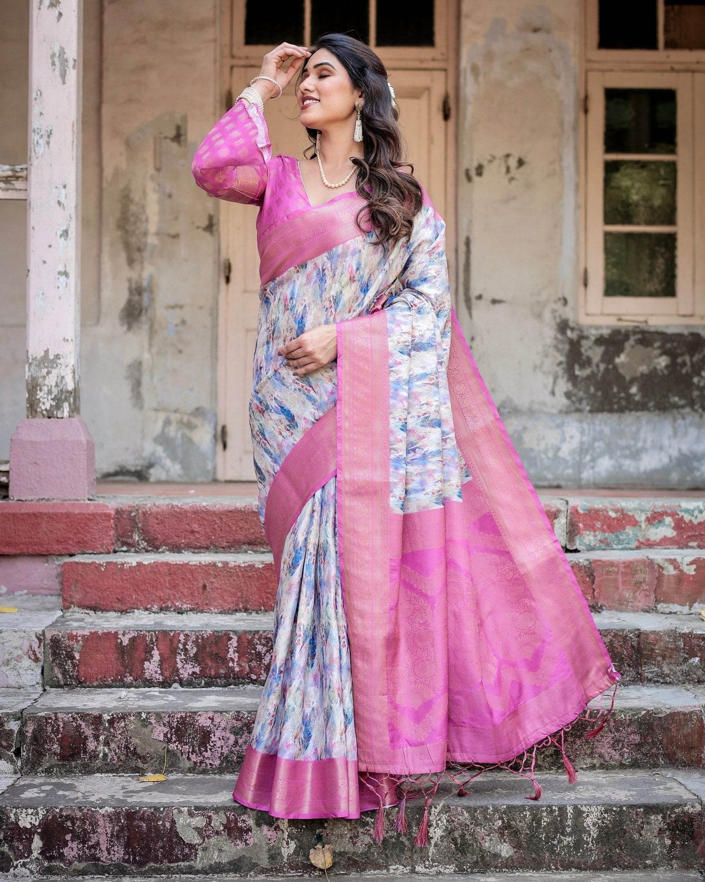 White and Pink Floral Digital Print Banarasi Silk Saree with Zari Weave and Tassel-Embellished Pallu - SEEANS