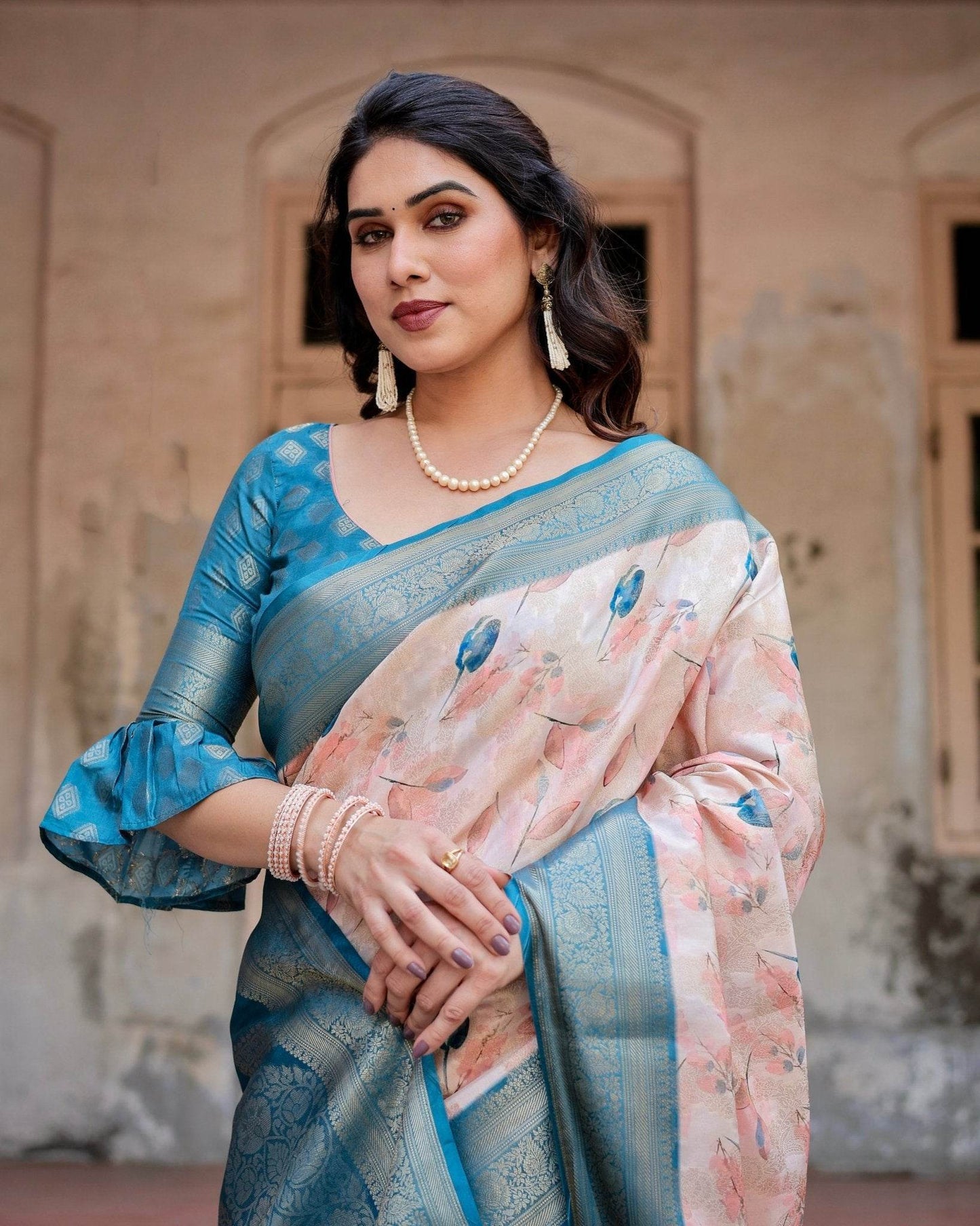 Peach and Teal Floral Digital Print Banarasi Silk Saree with Zari Weave and Tassel-Adorned Pallu - SEEANS