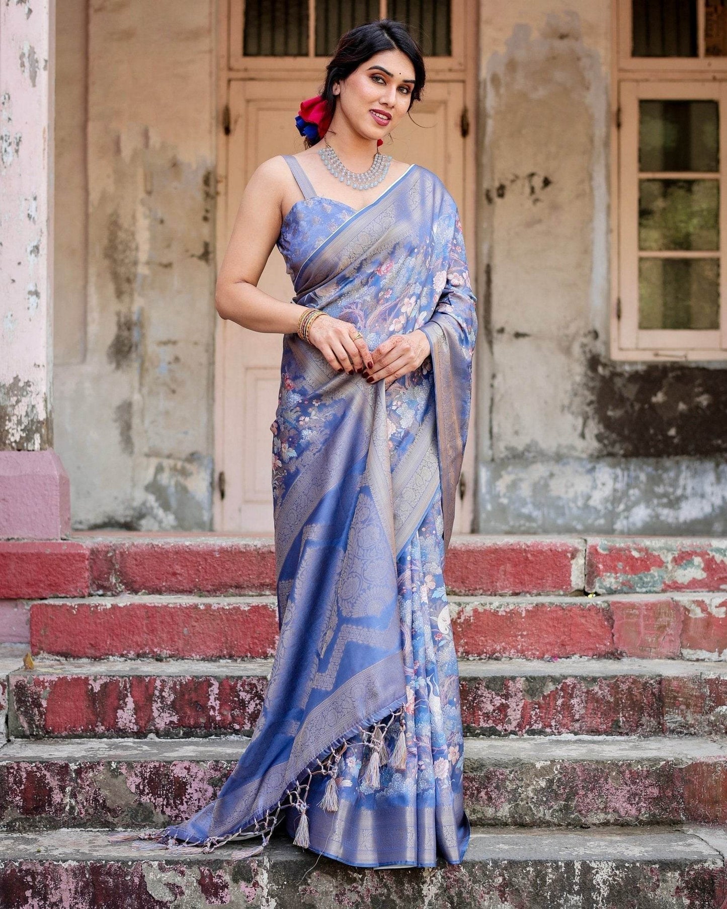 Majestic Blue Banarasi Silk Saree with Delicate Floral Zari Work and Tassel-Embellished Pallu - SEEANS