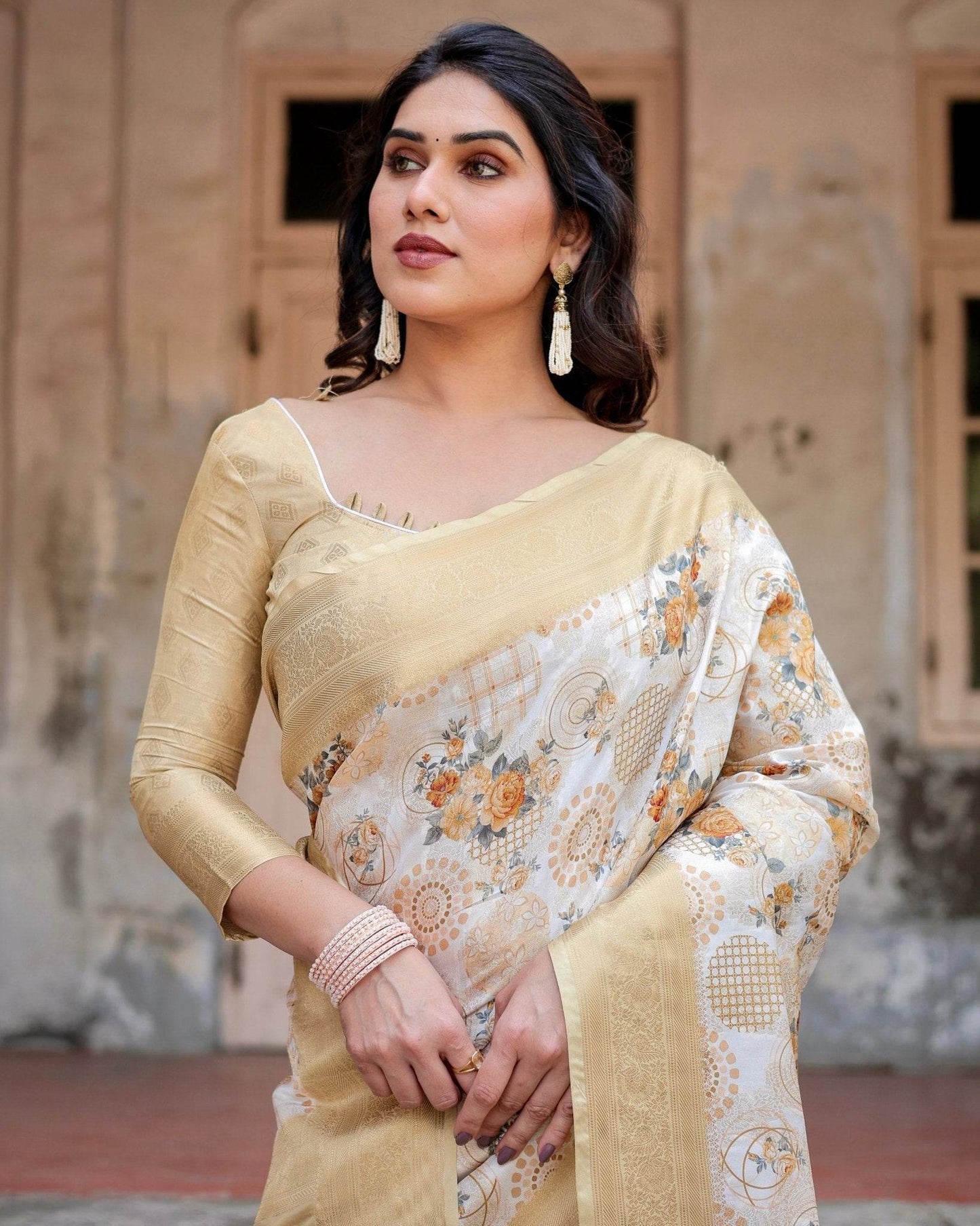 Ivory and Gold Banarasi Silk Saree with Floral Print, Zari Border, and Tassels - SEEANS