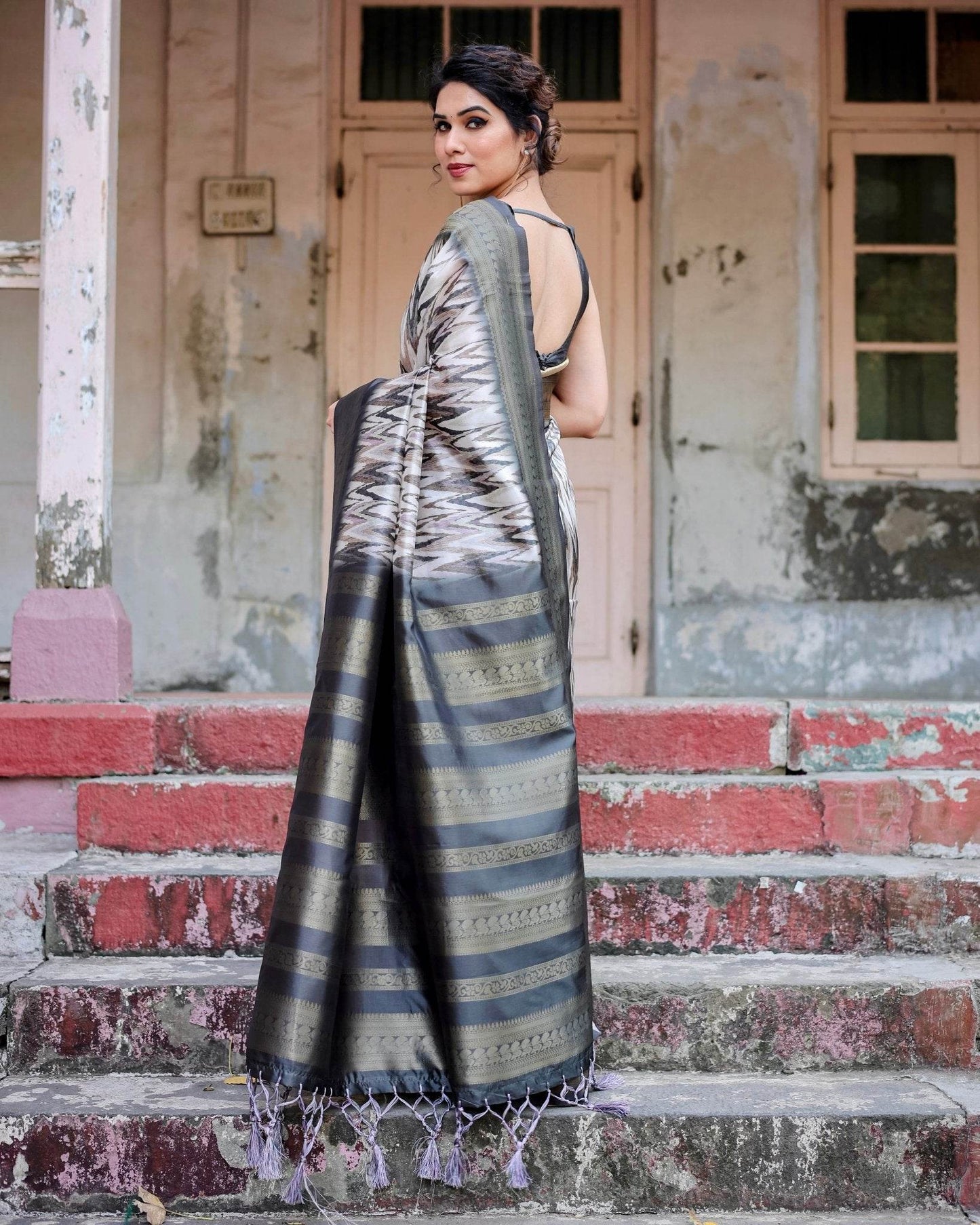 Elegant Banarasi Silk Saree with Zari Weaving and Tassels in Shades of Grey and Black - SEEANS