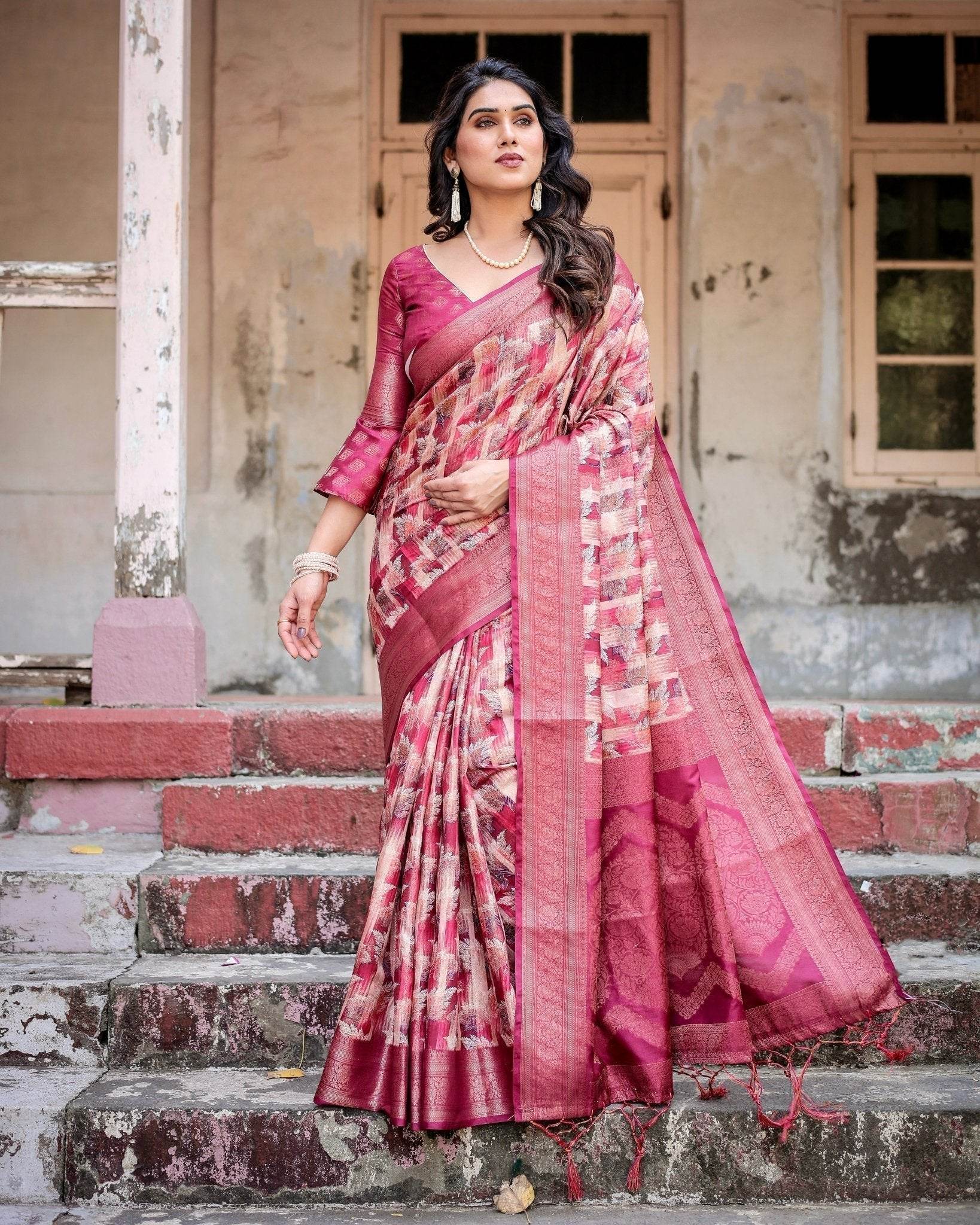 Pink and Maroon Abstract Digital Print Banarasi Silk Saree with Zari Weave and Tassel-Embellished Pallu - SEEANS