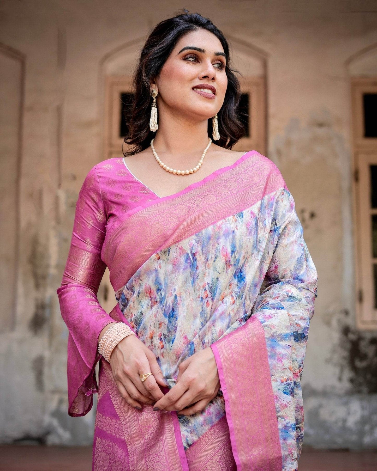 White and Pink Floral Digital Print Banarasi Silk Saree with Zari Weave and Tassel-Embellished Pallu - SEEANS