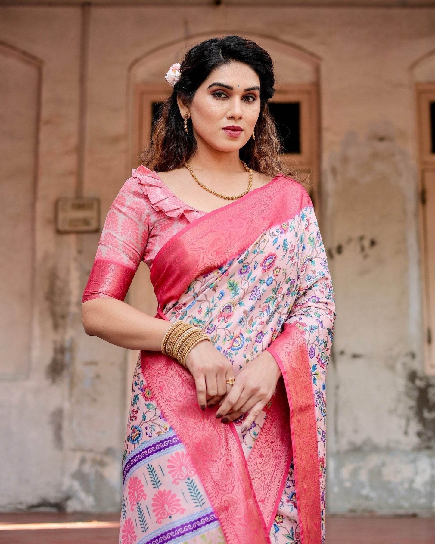 Blush Pink Tussar Silk Saree with Multicolor Floral Design and Zari Paisley Border - SEEANS