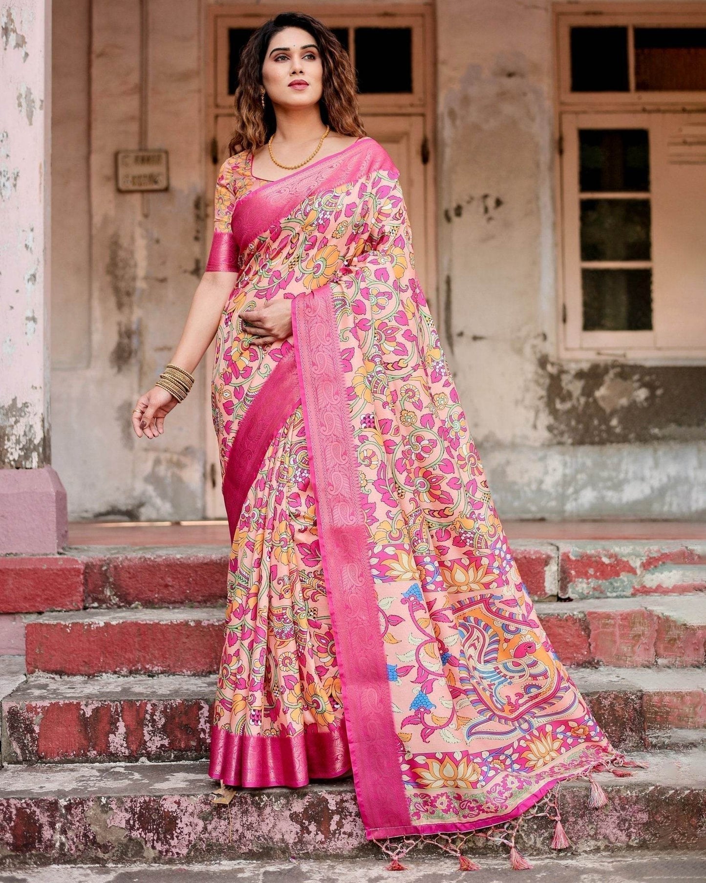 Peach and Fuchsia Floral Digital Print Tussar Silk Saree with Zari Border and Paisley Pallu - SEEANS