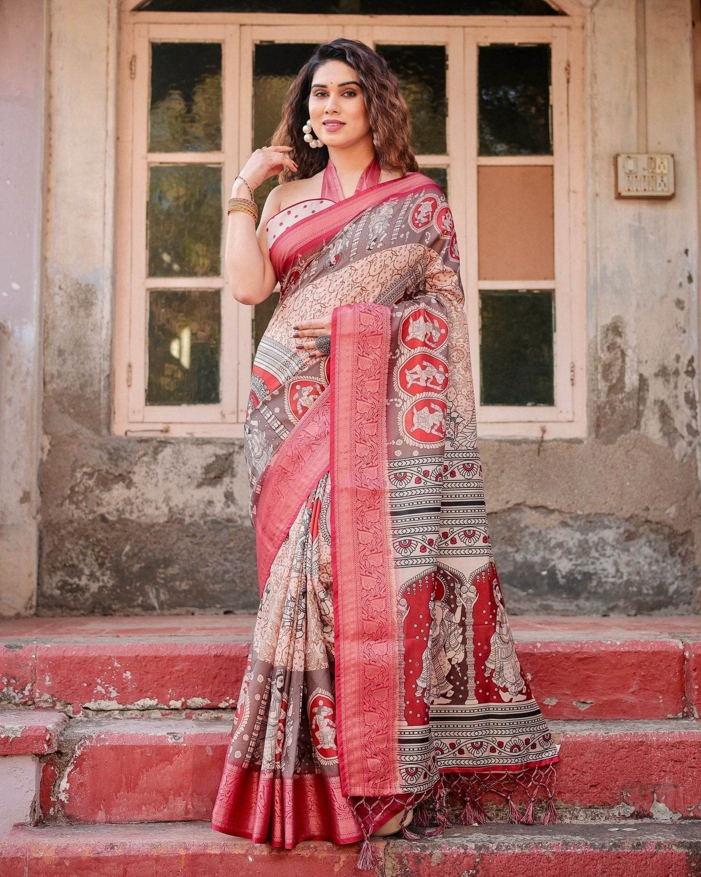 Beige and Red Tussar Silk Saree with Traditional Motifs and Ornamental Zari Border - SEEANS