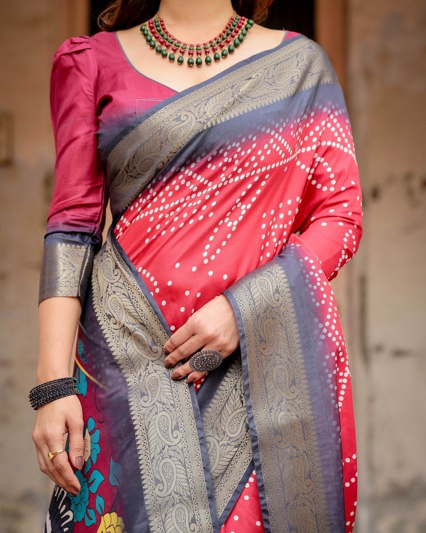 Crimson Red Tussar Silk Saree with Bandhani Patterns, Zari Border, and Vibrant Artistic Pallu - SEEANS