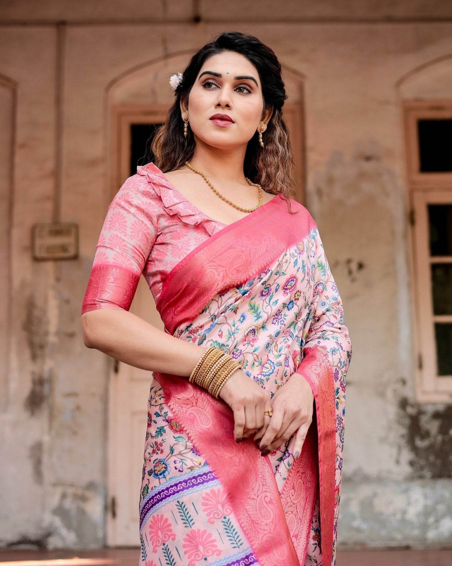 Blush Pink Tussar Silk Saree with Multicolor Floral Design and Zari Paisley Border - SEEANS