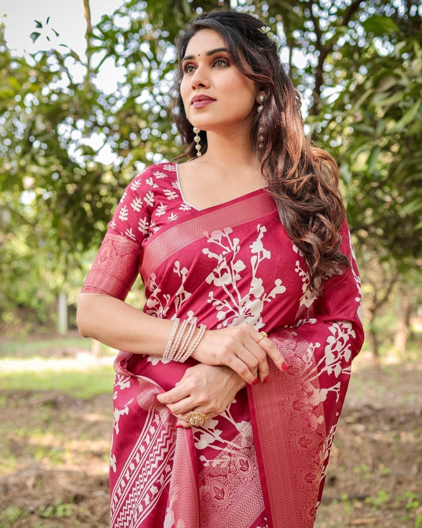 Maroon Tussar Silk Saree with White Floral Motifs, Intricate Zari Border, and Elegant Tassel Pallu - SEEANS