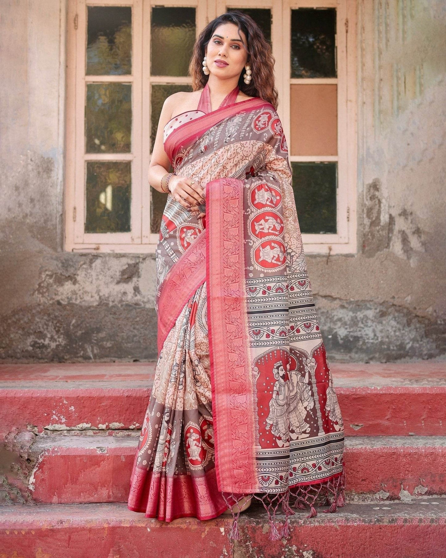 Beige and Red Tussar Silk Saree with Traditional Motifs and Ornamental Zari Border - SEEANS