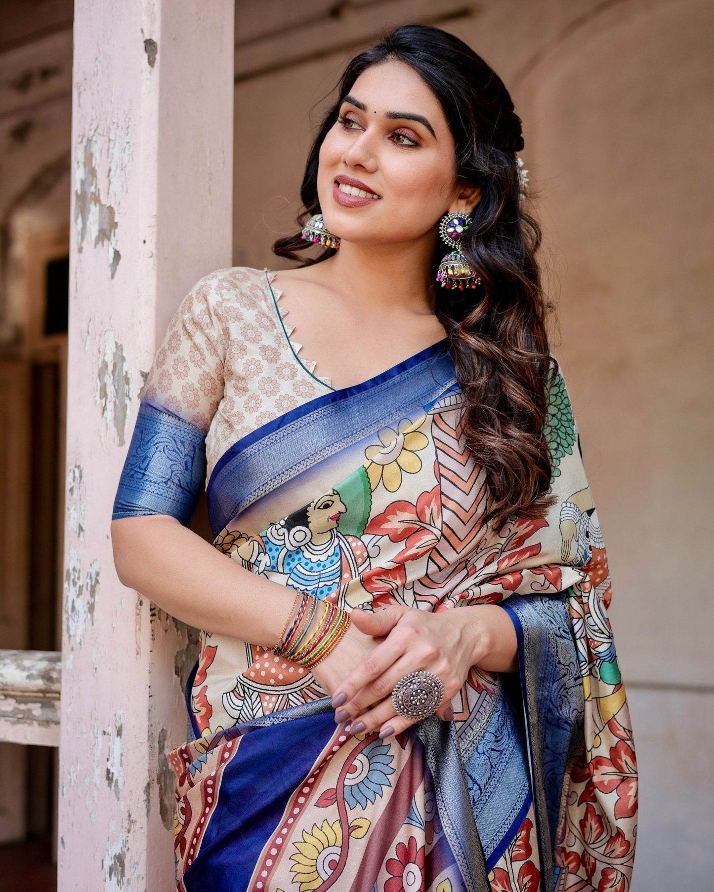 Multicolor Tussar Silk Saree with Artistic Floral Motifs and Traditional Blue Zari Border - SEEANS