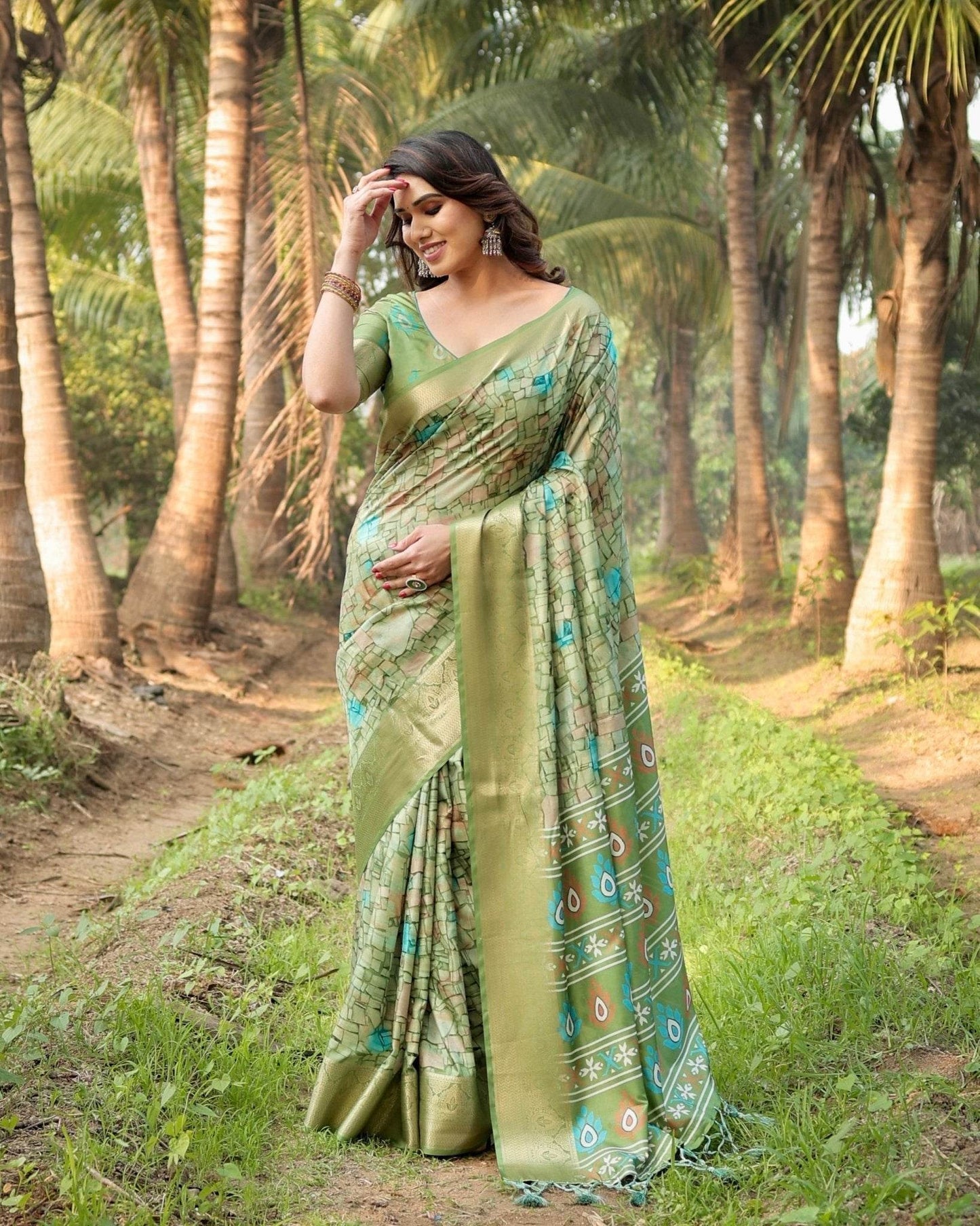Elegant Light Green Tussar Silk Saree with Zari Motif Border and Contemporary Checkered Pallu Design - SEEANS