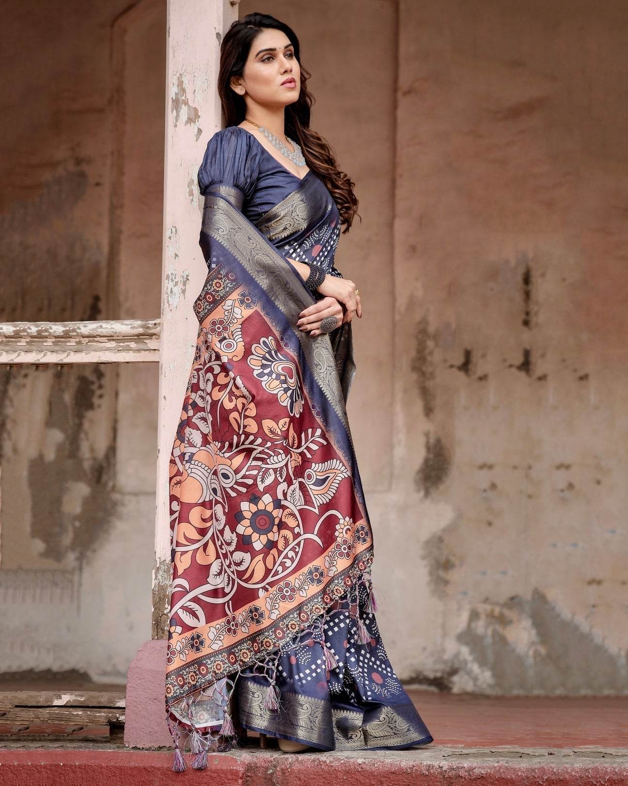Navy Blue Tussar Silk Saree with Geometric Patterns, Zari Border, and Vibrant Pallu - SEEANS