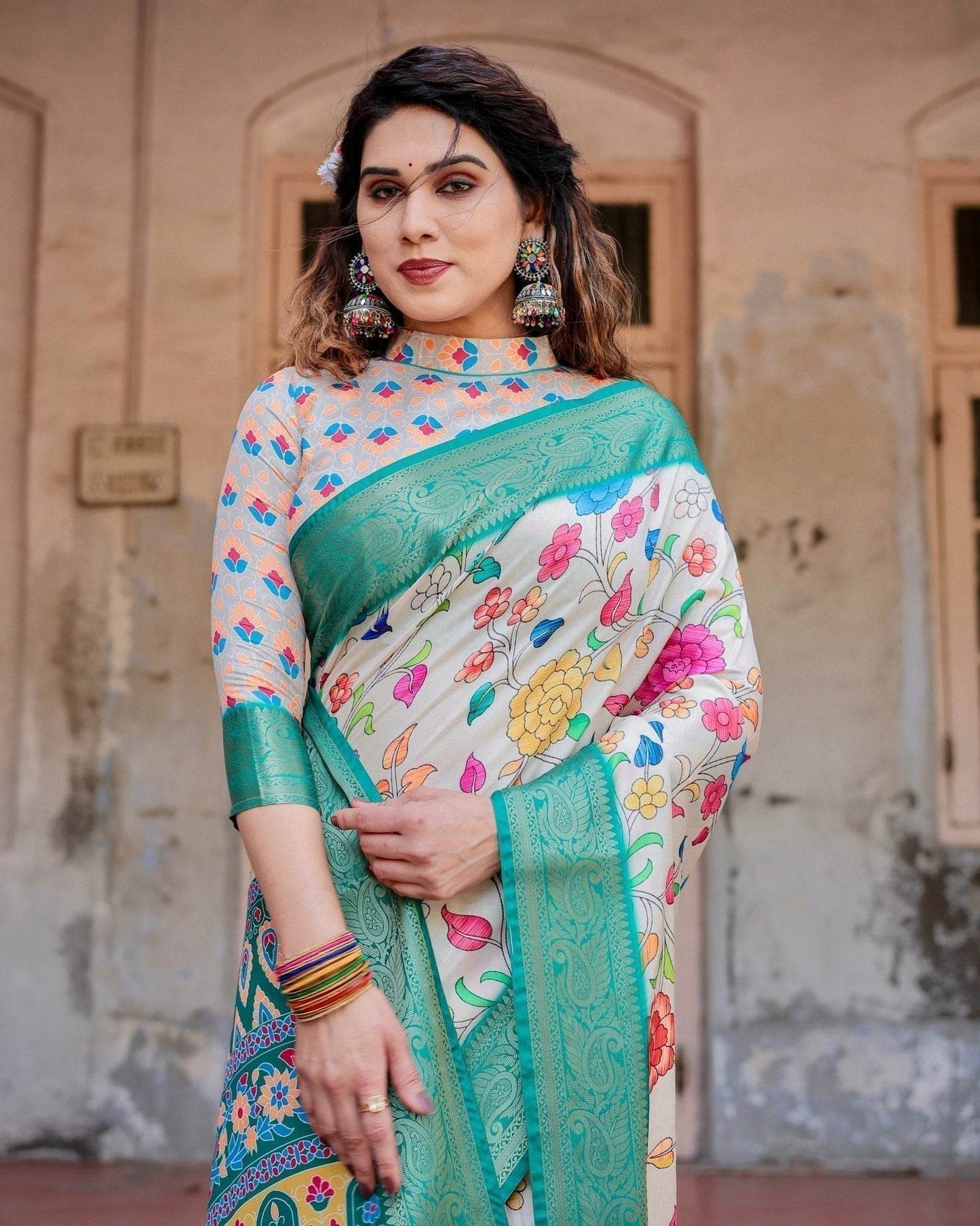 Elegant Multicolor Floral Digital Print Saree with Ornate Green Border and Artistic Pallu - SEEANS