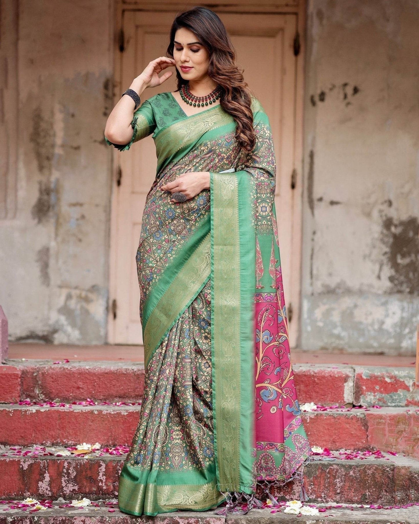 Emerald Green & Magenta Tussar Silk Saree with Zari Weave and Tassel Finish - SEEANS