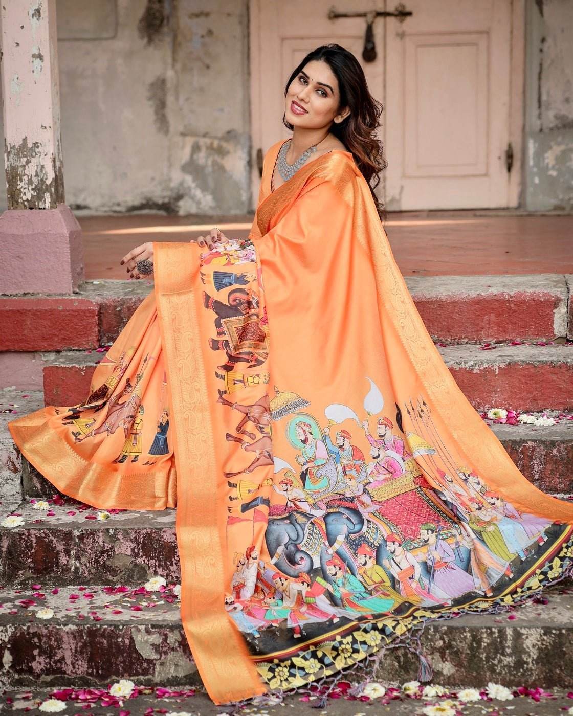 Sunset Orange Tussar Silk Saree with Royal Procession Pallu and Zari Border - SEEANS