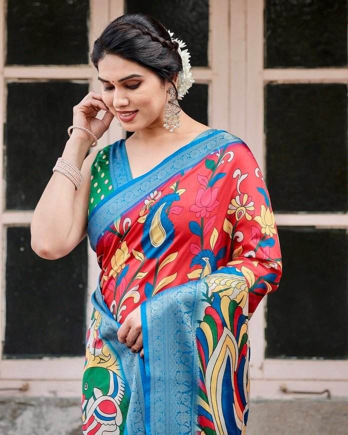 Multicolor Tussar Silk Saree with Vibrant Peacock and Floral Motifs - SEEANS