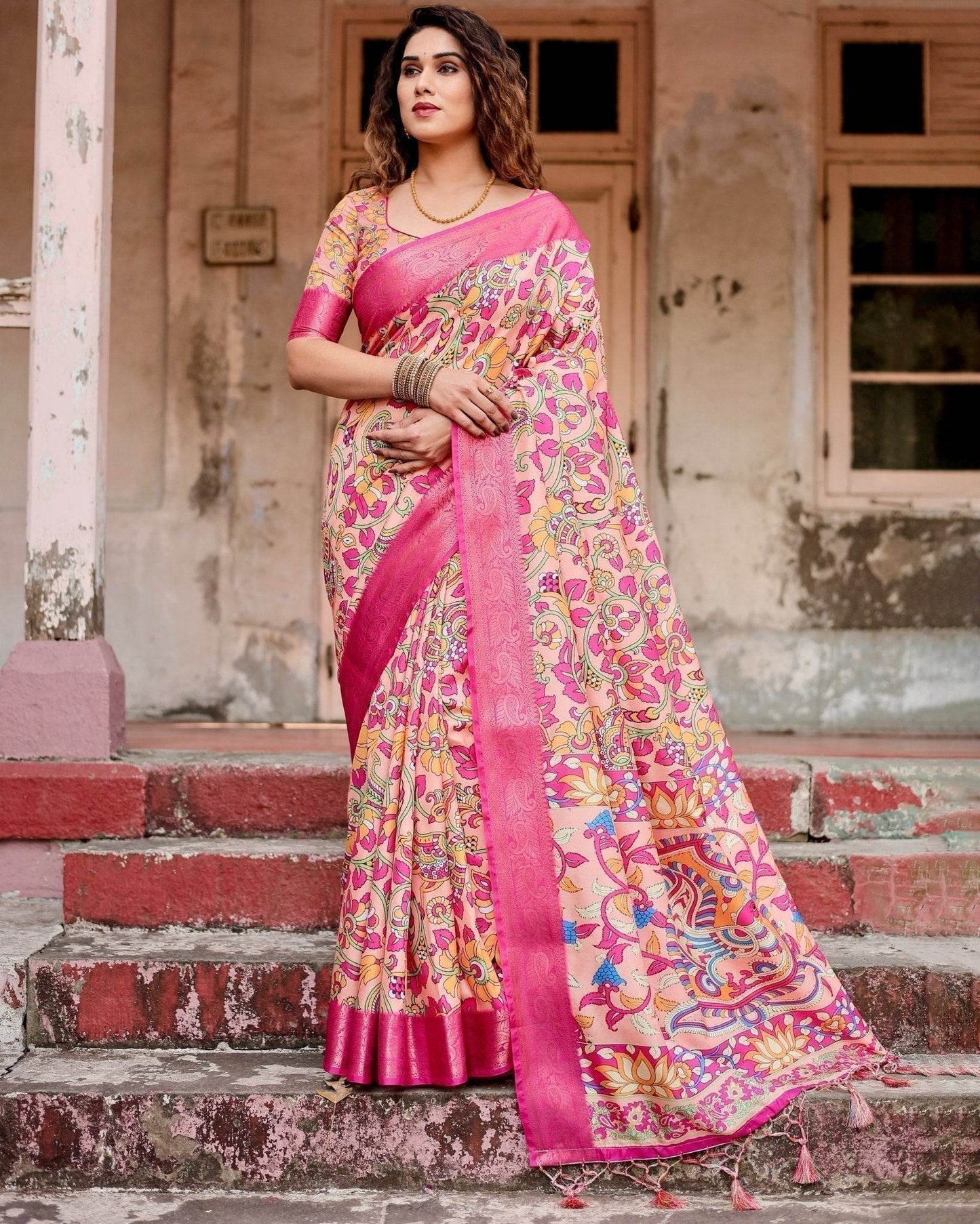 Peach and Fuchsia Floral Digital Print Tussar Silk Saree with Zari Border and Paisley Pallu - SEEANS