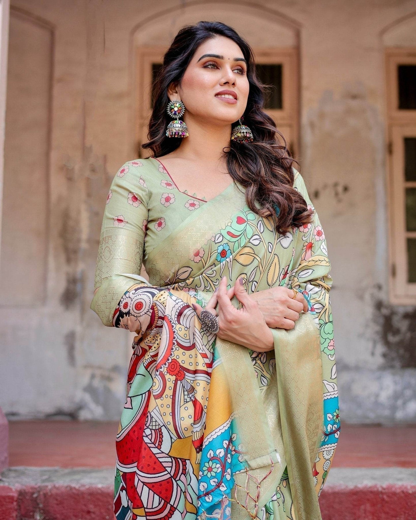 Pastel Green Tussar Silk Saree with Mythological Kalamkari Pallu and Zari Border - SEEANS