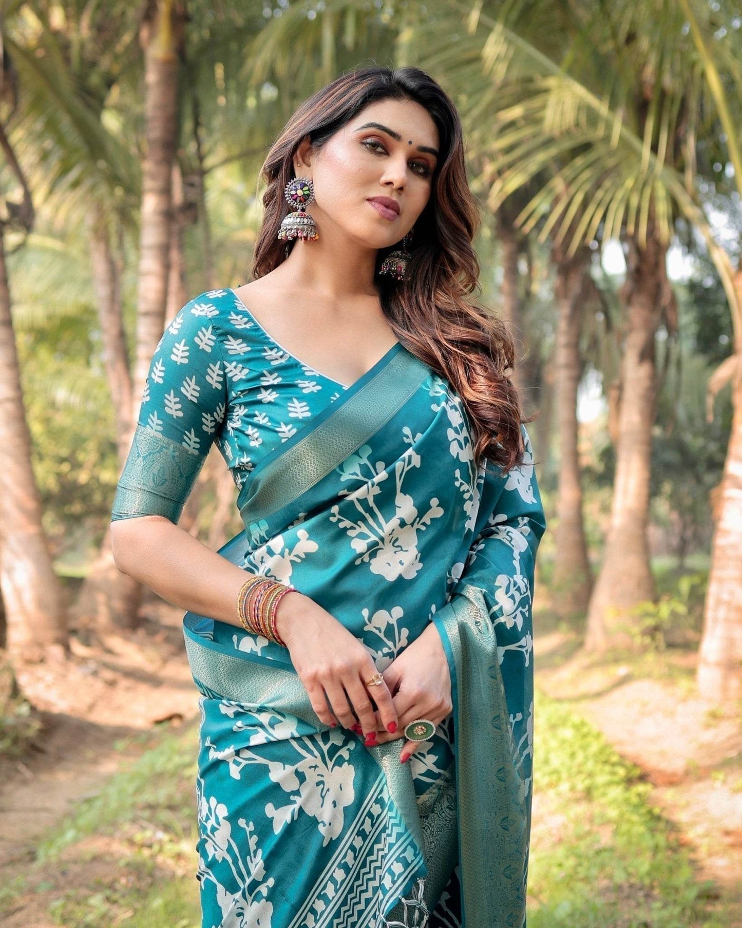 Teal Blue Tussar Silk Saree with White Floral Design, Gold Zari Border & Tassel Pallu - SEEANS