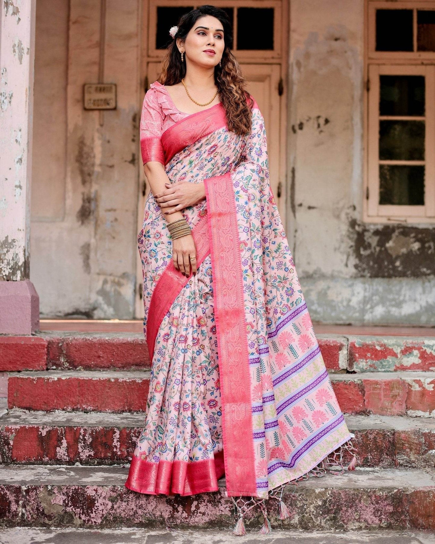 Blush Pink Tussar Silk Saree with Multicolor Floral Design and Zari Paisley Border - SEEANS