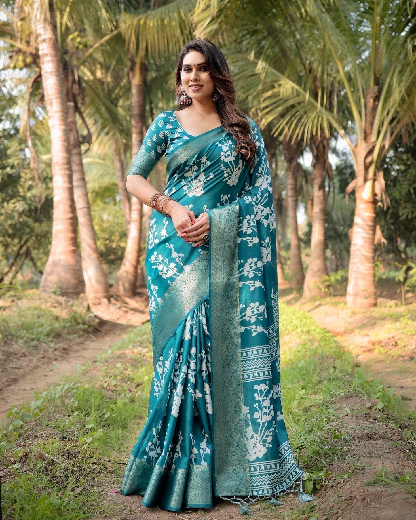 Teal Blue Tussar Silk Saree with White Floral Design, Gold Zari Border & Tassel Pallu - SEEANS