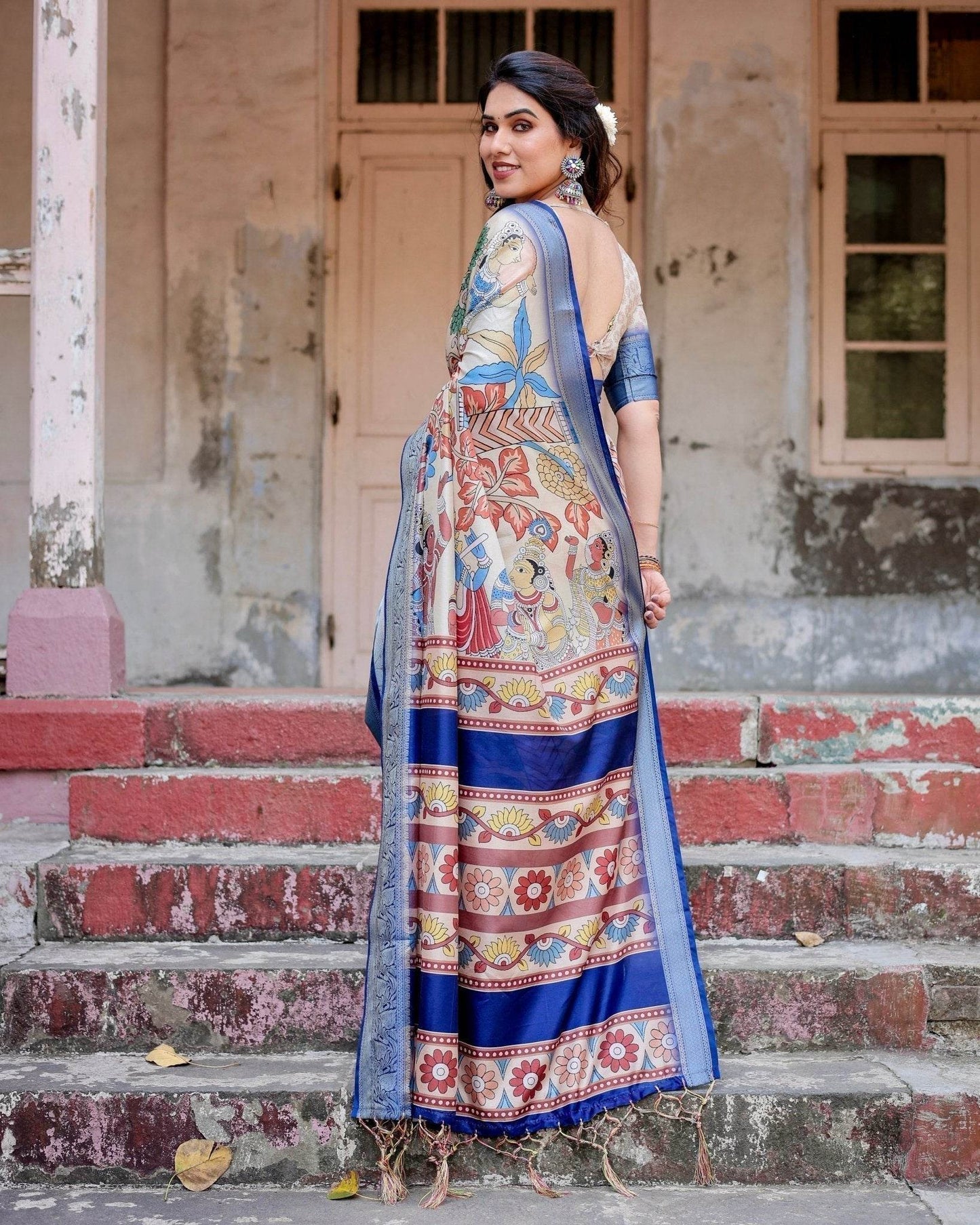 Multicolor Tussar Silk Saree with Artistic Floral Motifs and Traditional Blue Zari Border - SEEANS