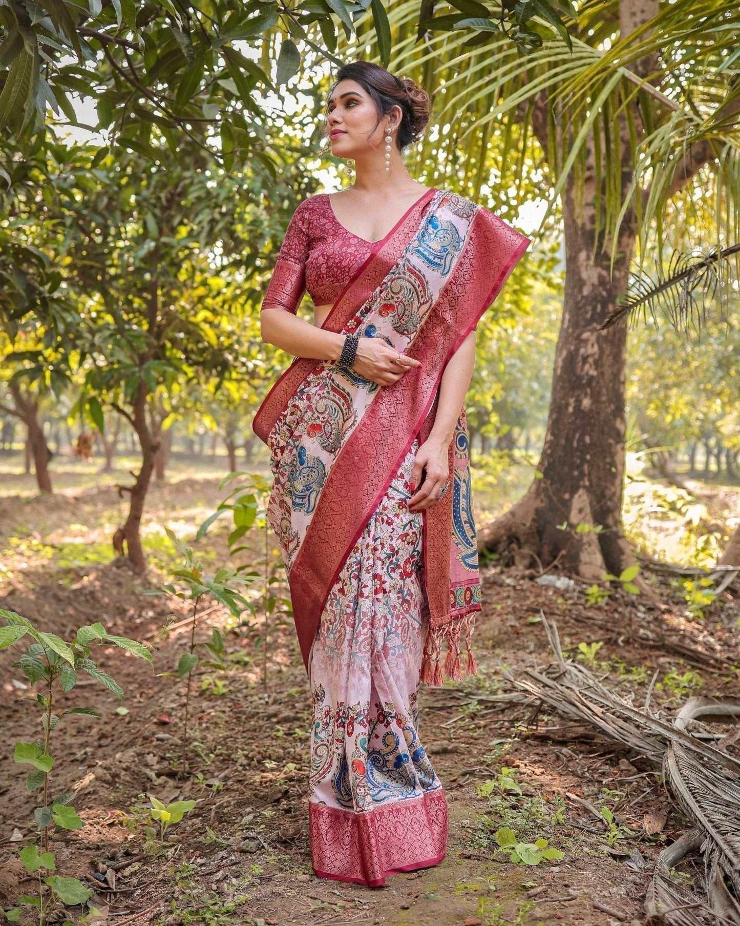 Blush Pink Digital Print Tussar Silk Saree with Zari Border and Peacock Motif Pallu - SEEANS