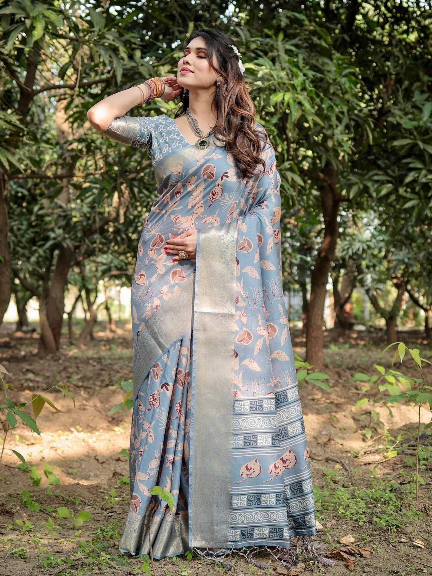 Stylish Sky Blue Tussar Silk Saree with Beige and Gold Zari Work and Contemporary Pallu Design - SEEANS