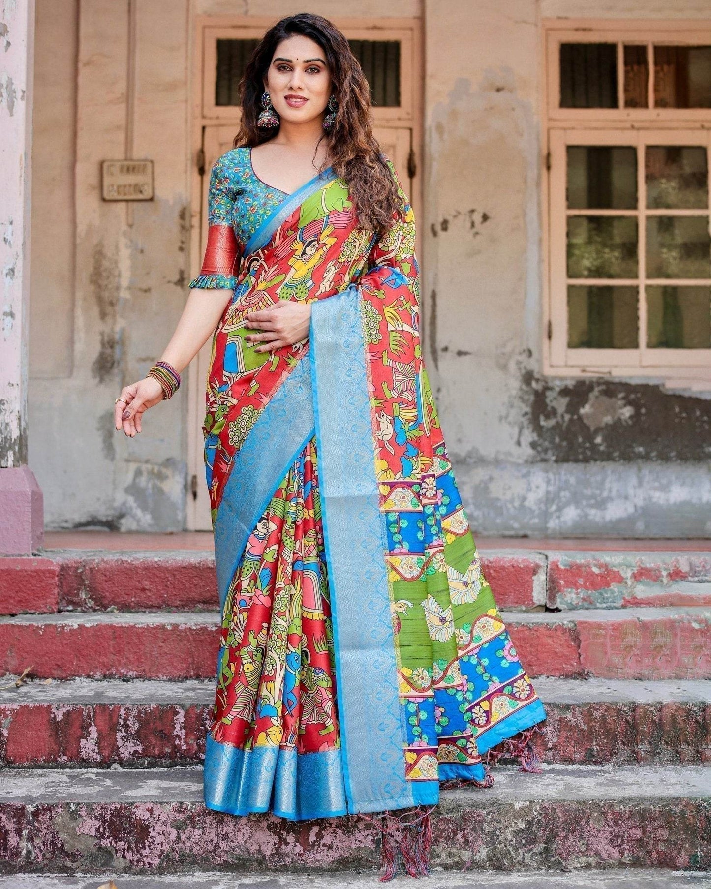 Multicolor Folk Art Inspired Digital Print Tussar Silk Saree with Sky Blue Zari Border - SEEANS