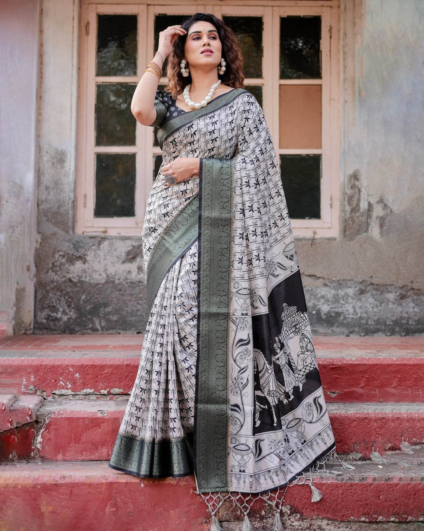 Monochrome White and Black Tussar Silk Saree with Tribal Art Motifs and Zari Border - SEEANS