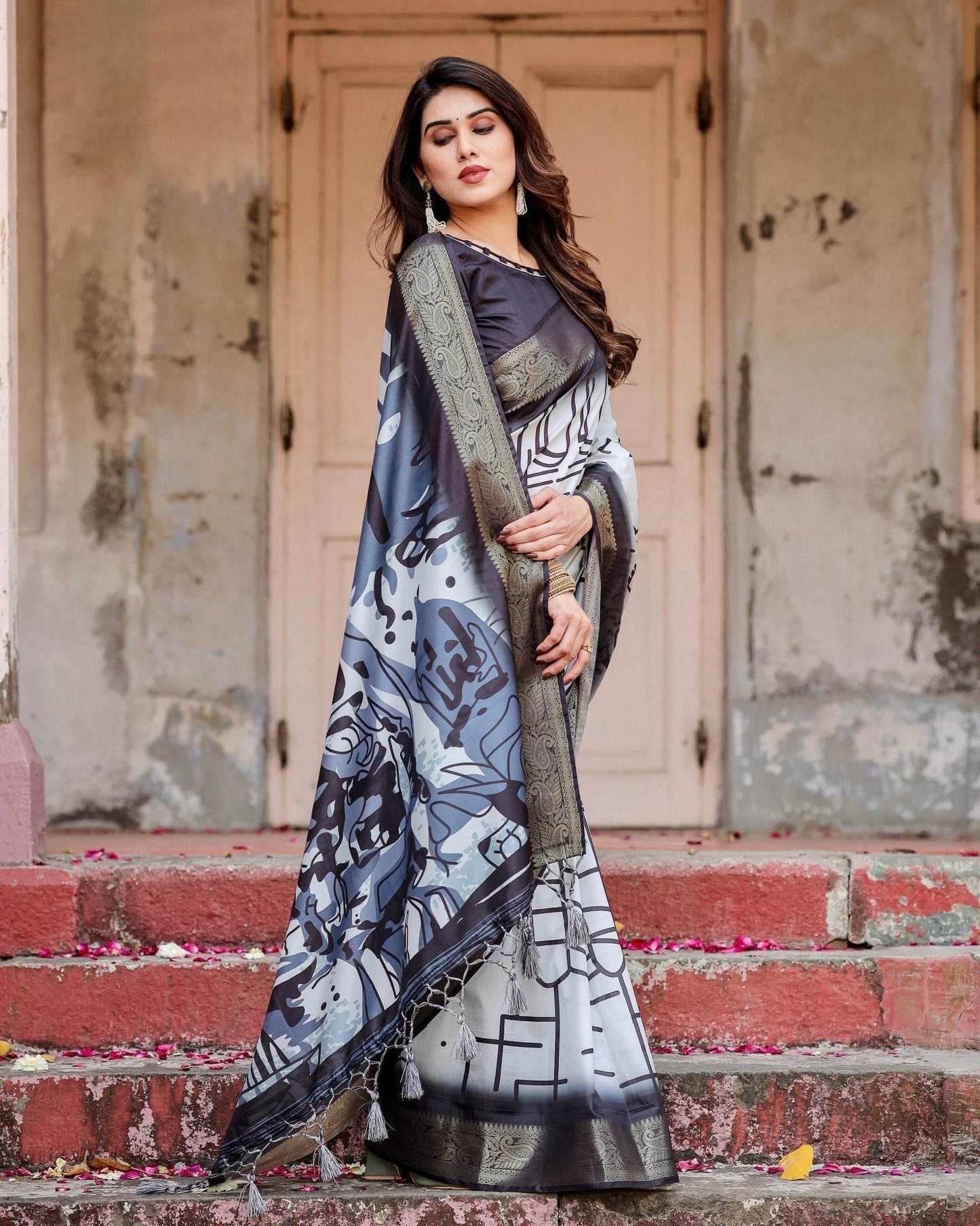 Monochrome Abstract Tussar Silk Saree with Charcoal Gray Zari Border - SEEANS